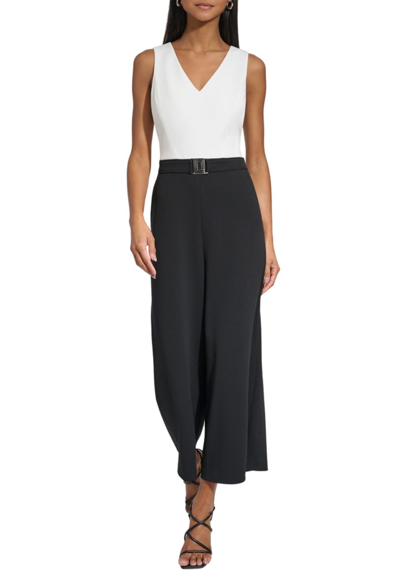 Womens Sleeveless V-Neck Color Block Jumpsuit