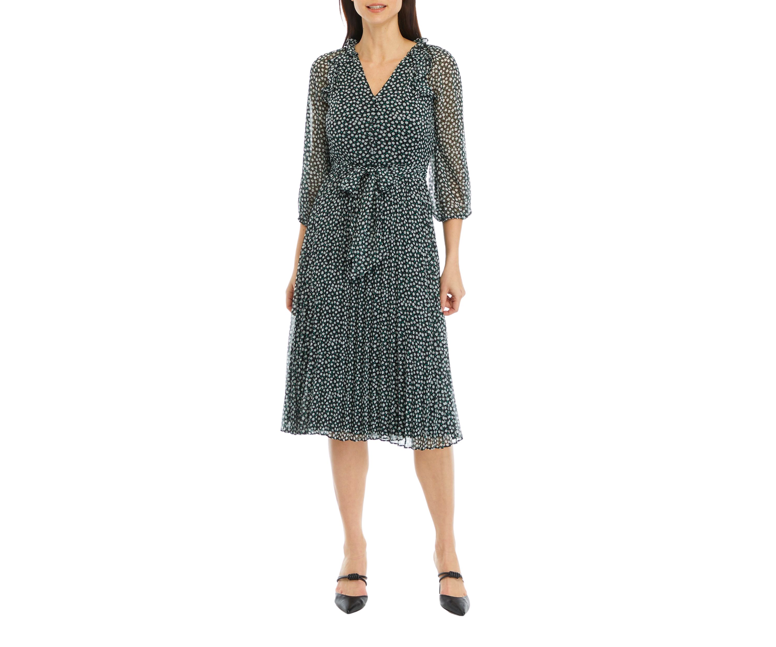 Womens V-Neck Pleated Printed Midi Dress