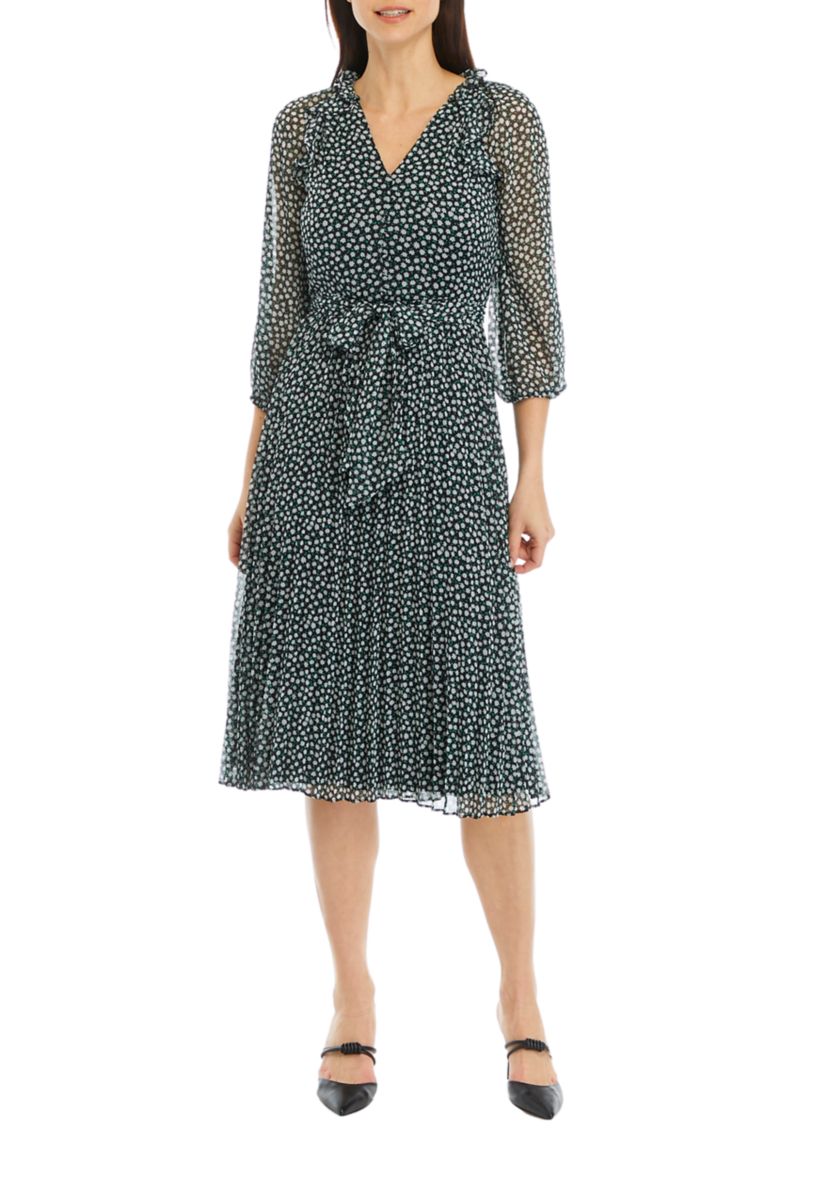 Womens V-Neck Pleated Printed Midi Dress