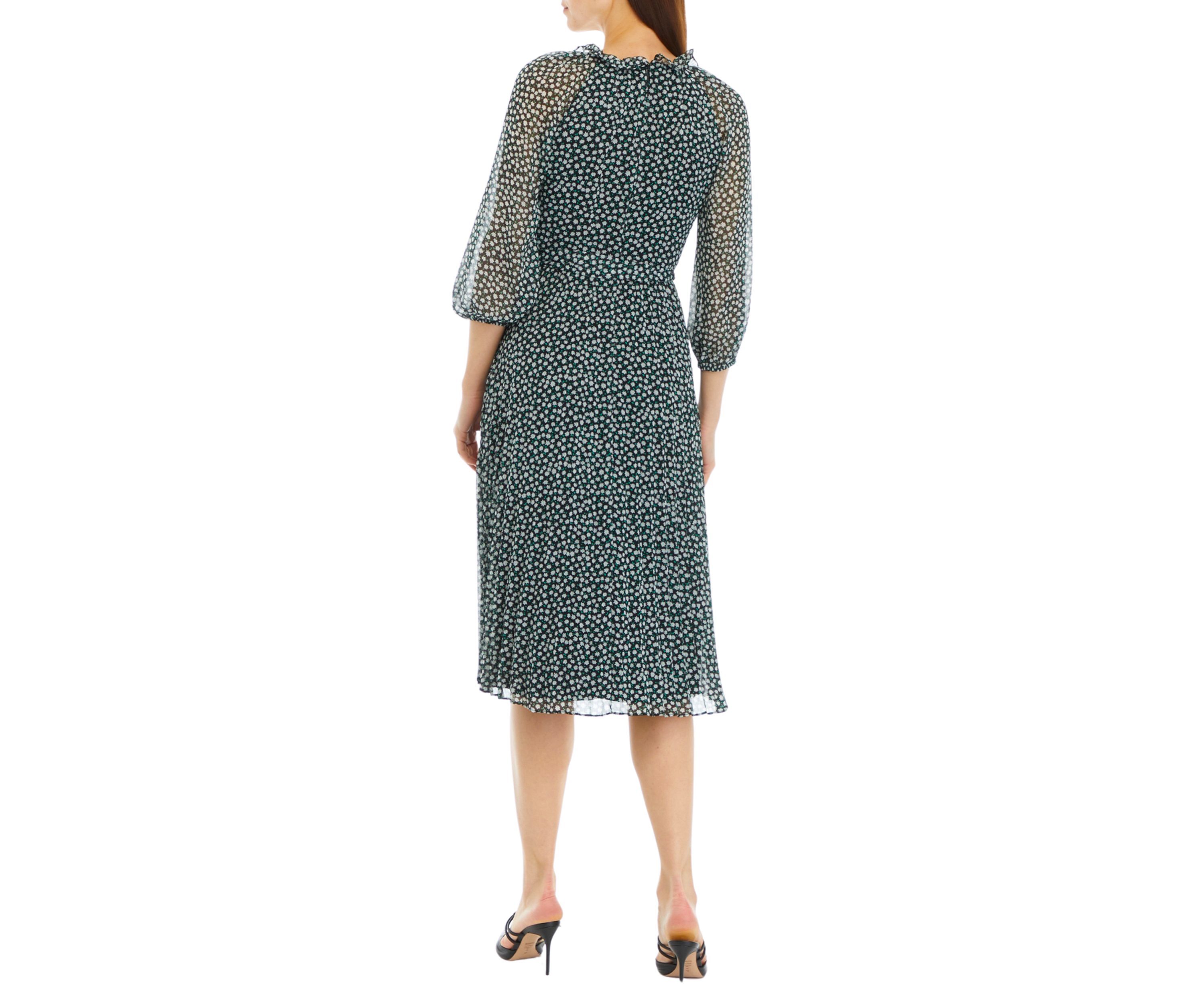 Womens V-Neck Pleated Printed Midi Dress