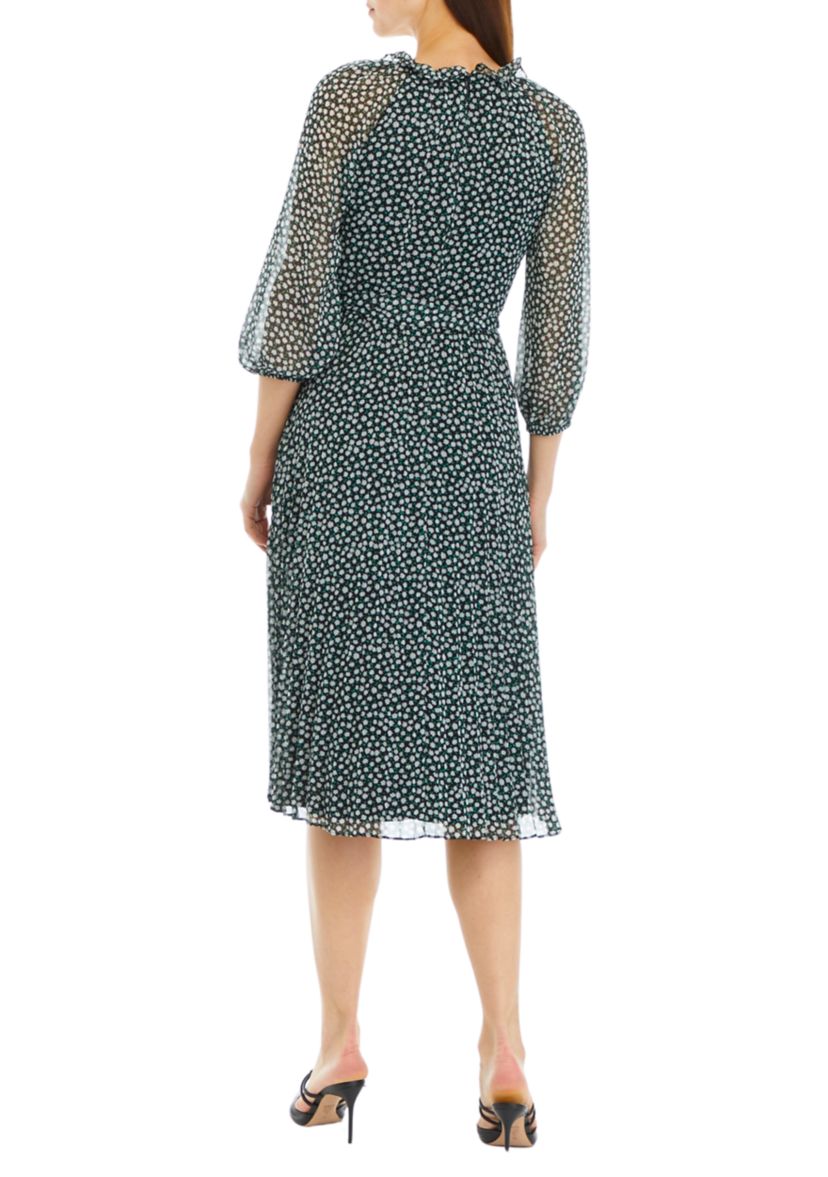 Womens V-Neck Pleated Printed Midi Dress