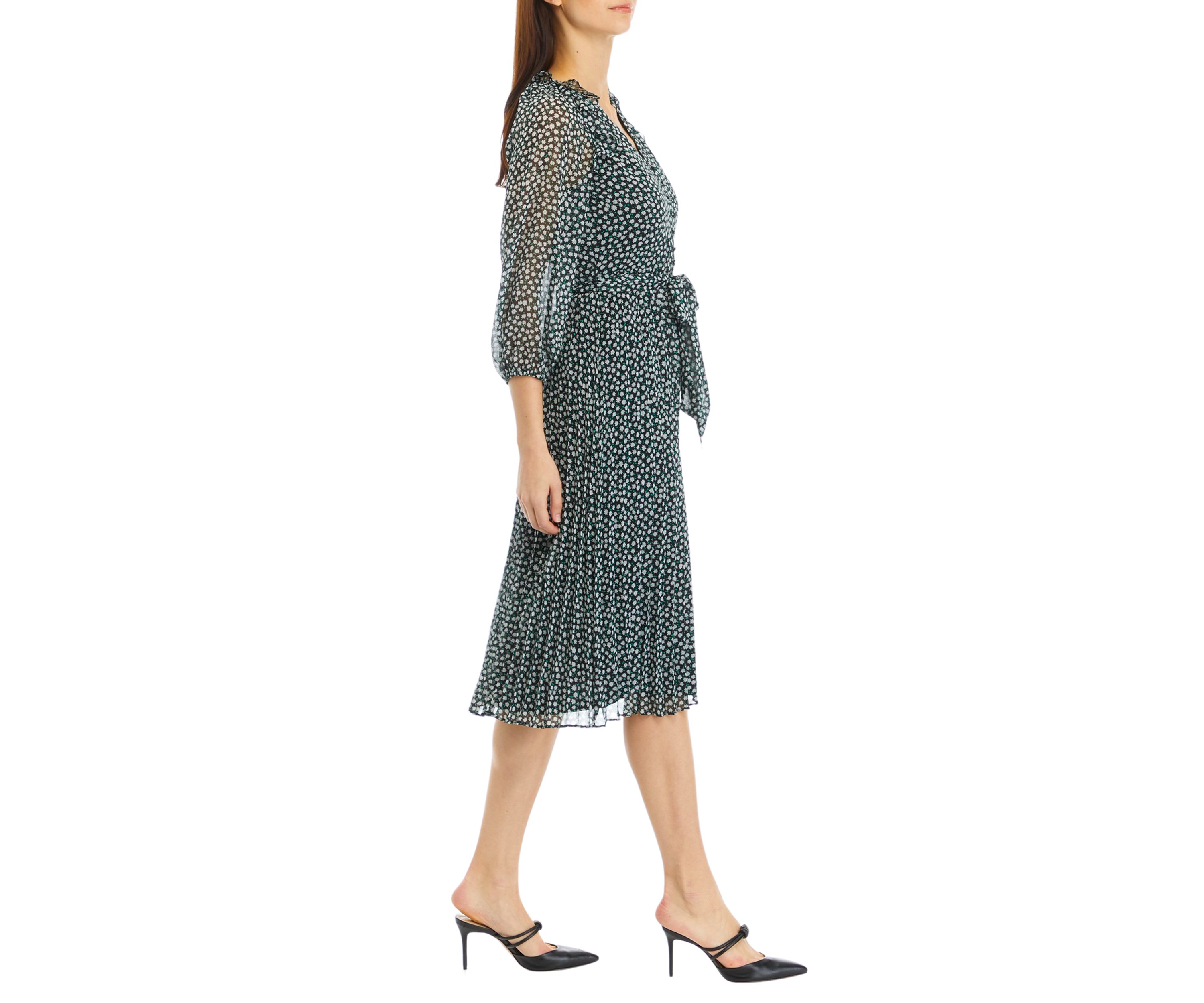 Womens V-Neck Pleated Printed Midi Dress