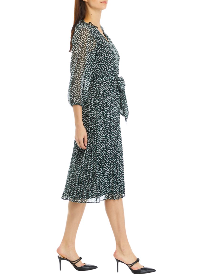 Womens V-Neck Pleated Printed Midi Dress
