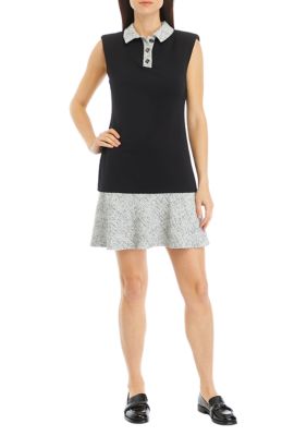 KARL LAGERFELD PARIS Women's Sleeveless Collar Solid Color Blocked Dress, White, 4