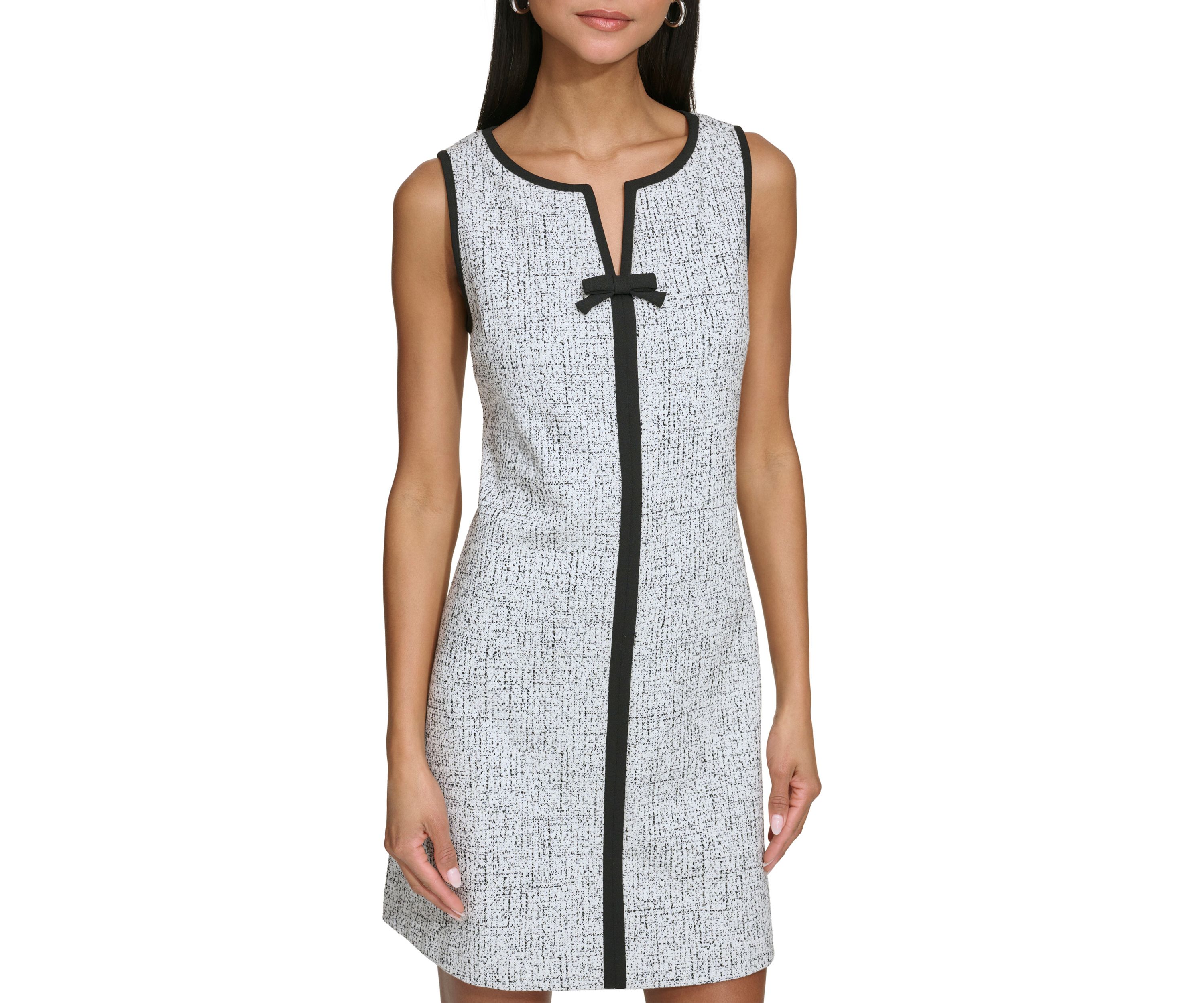 Womens Sleeveless Knit Jacquard Mini Dress with Front Bow 