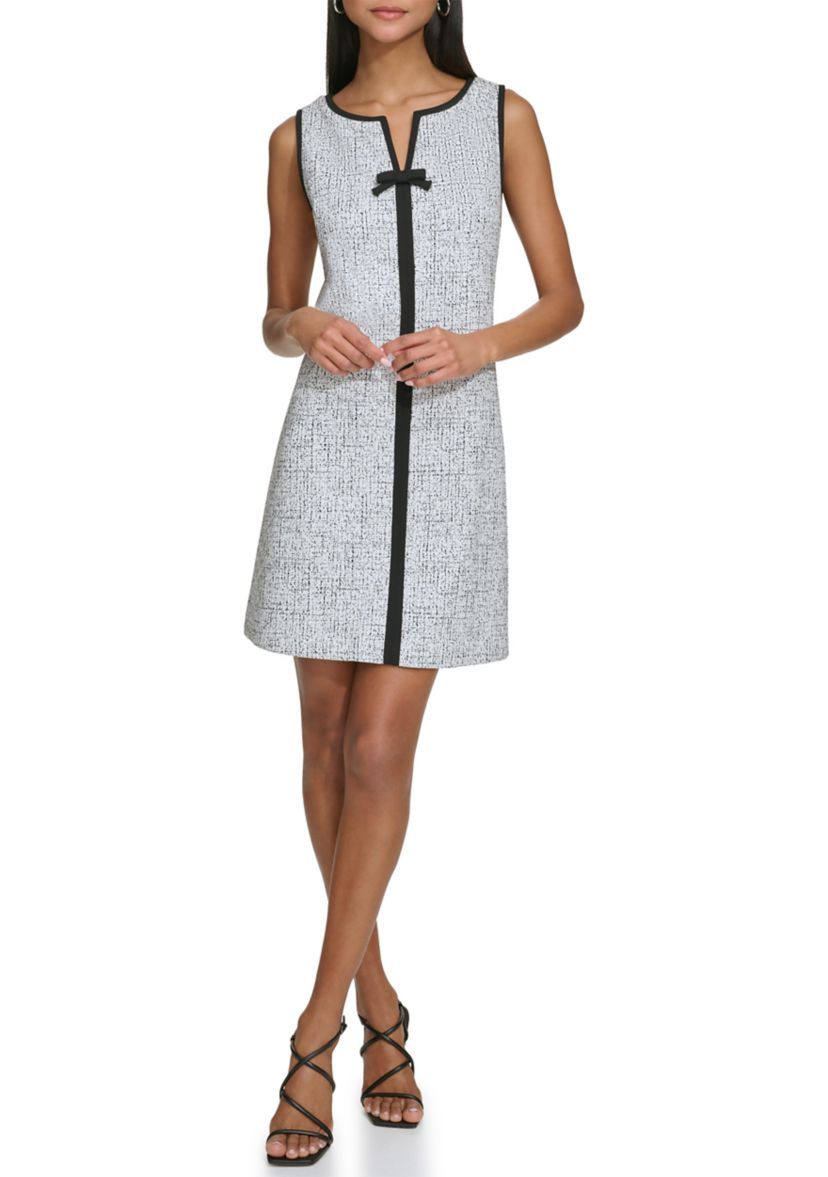 Womens Sleeveless Knit Jacquard Mini Dress with Front Bow 