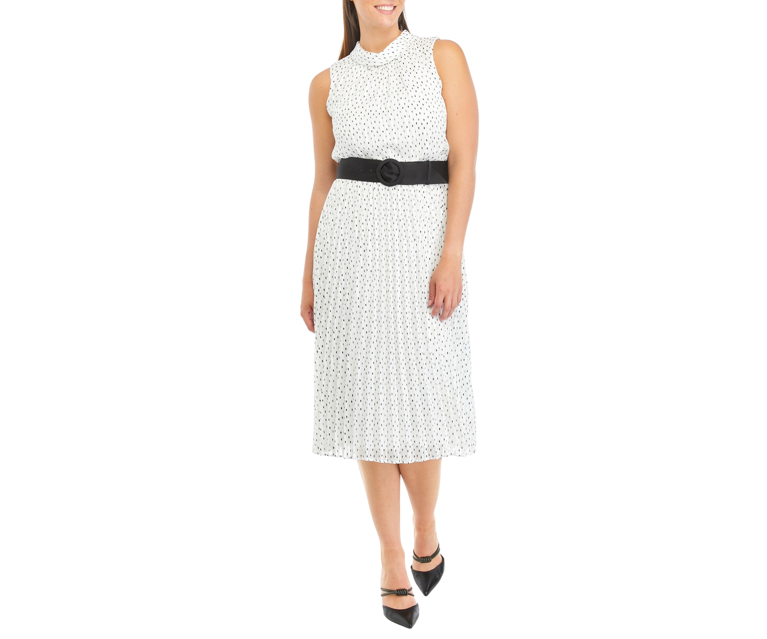Womens Sleeveless Mock Neck Pleated Dot Print Dress