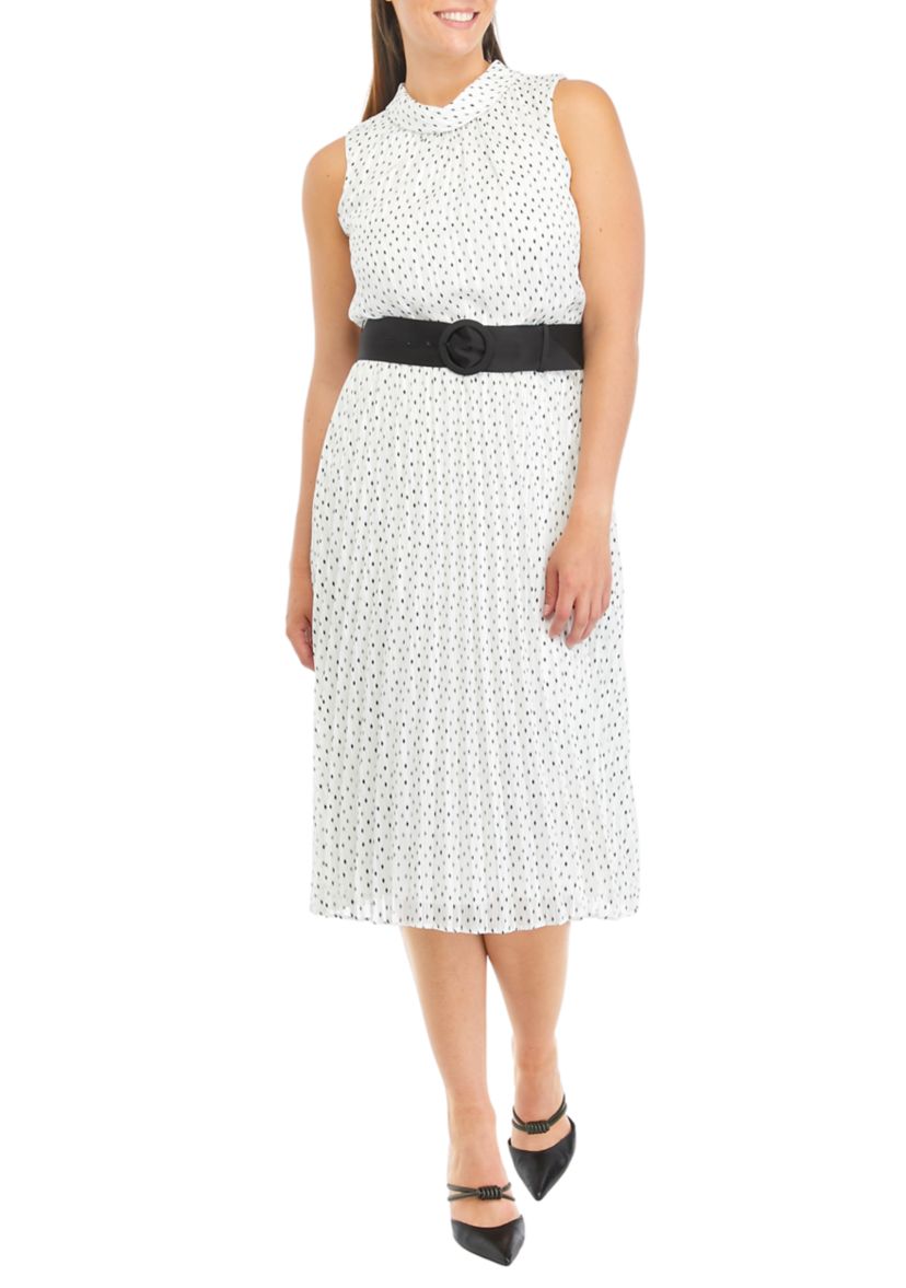 Womens Sleeveless Mock Neck Pleated Dot Print Dress