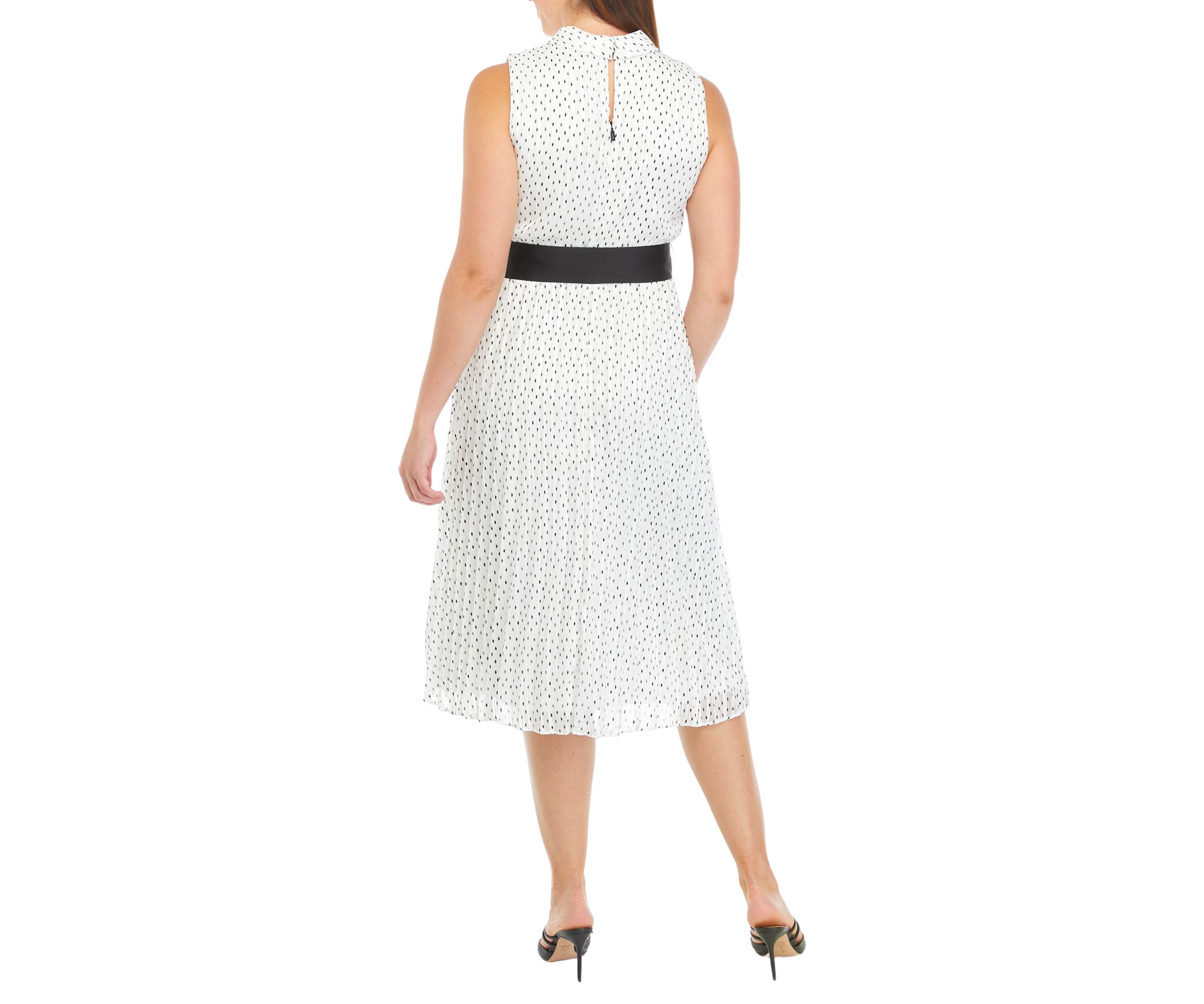 Womens Sleeveless Mock Neck Pleated Dot Print Dress