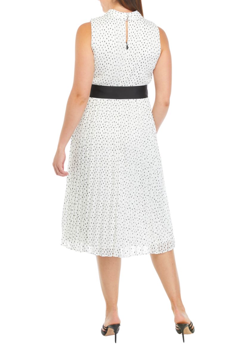 Womens Sleeveless Mock Neck Pleated Dot Print Dress