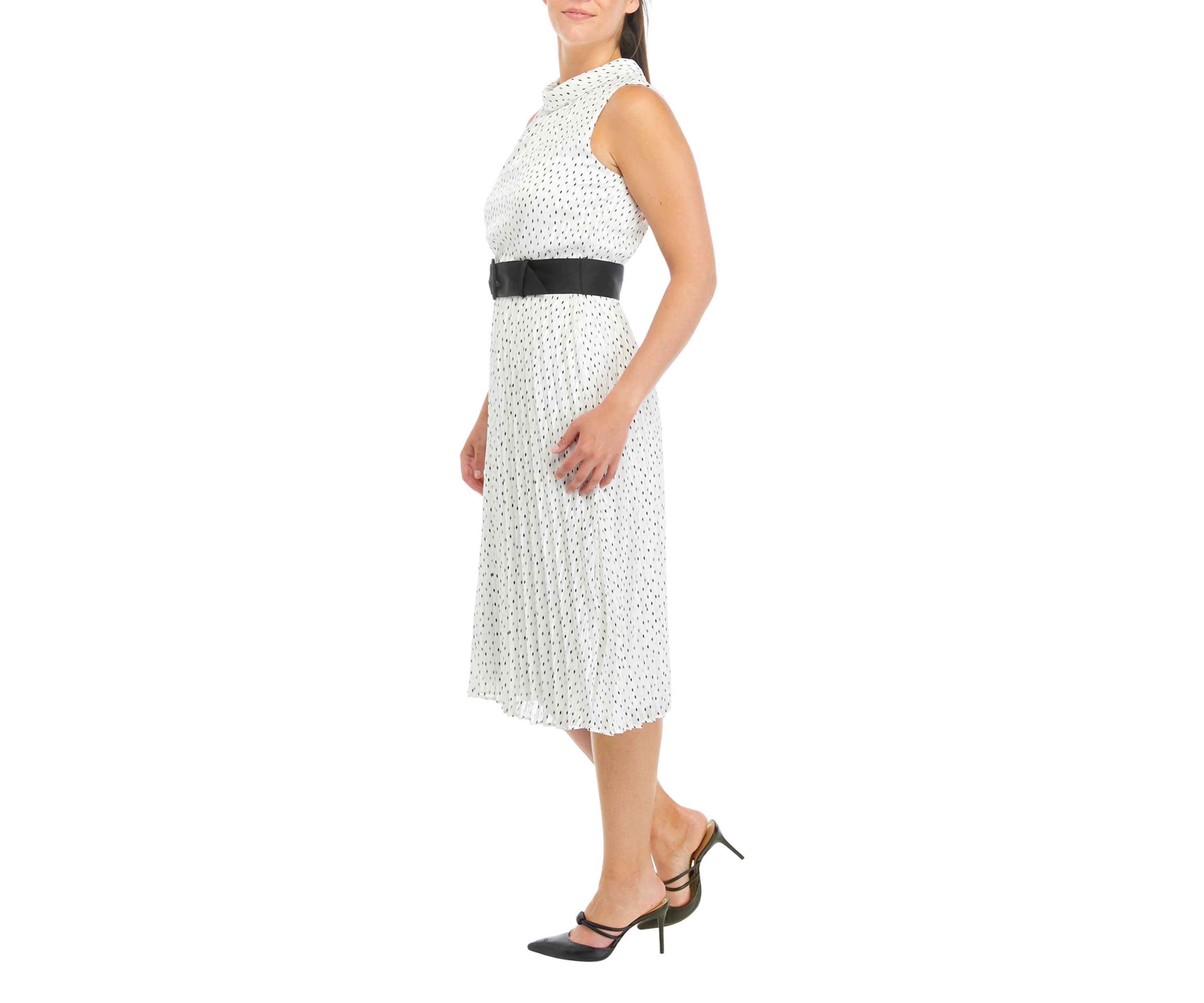 Womens Sleeveless Mock Neck Pleated Dot Print Dress