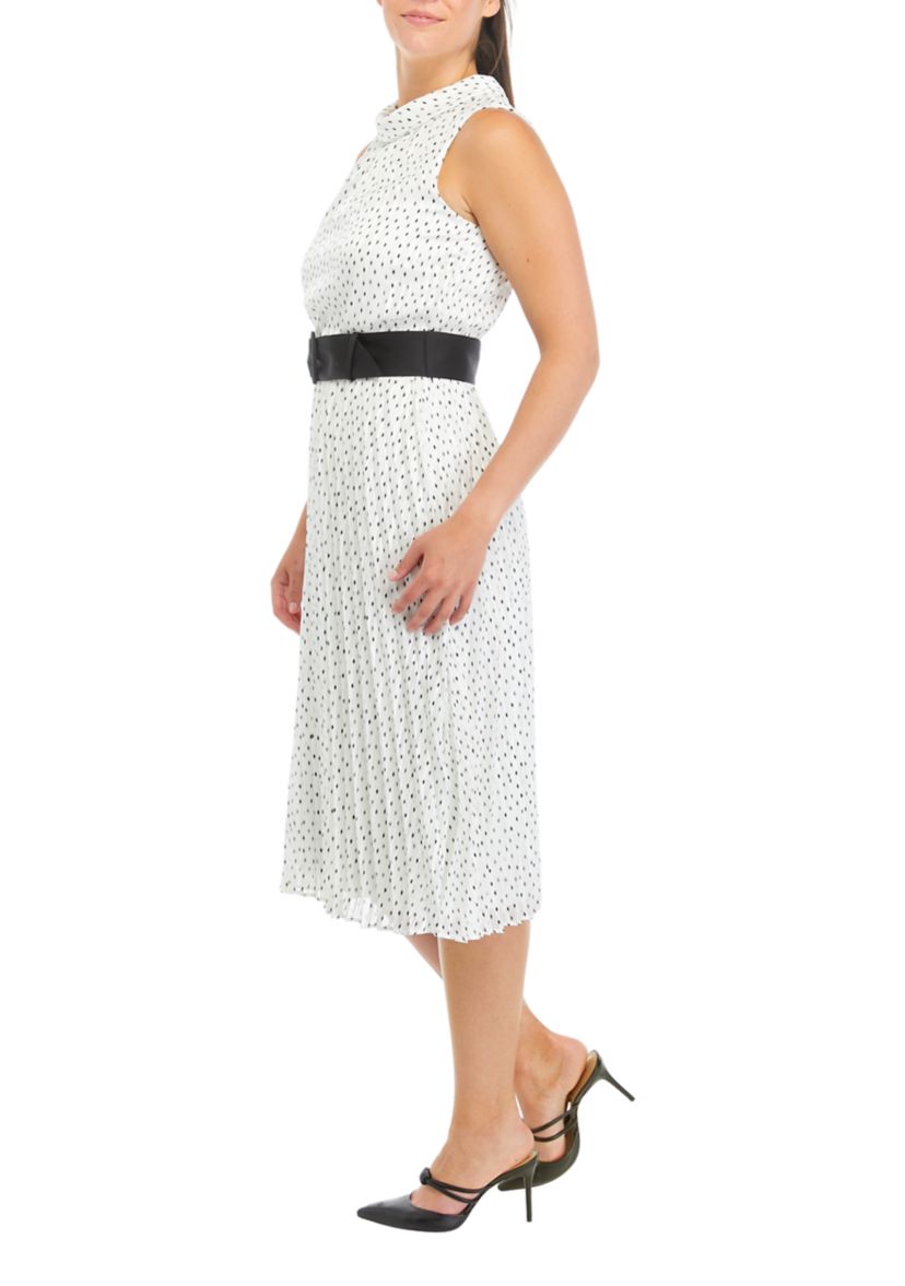 Womens Sleeveless Mock Neck Pleated Dot Print Dress