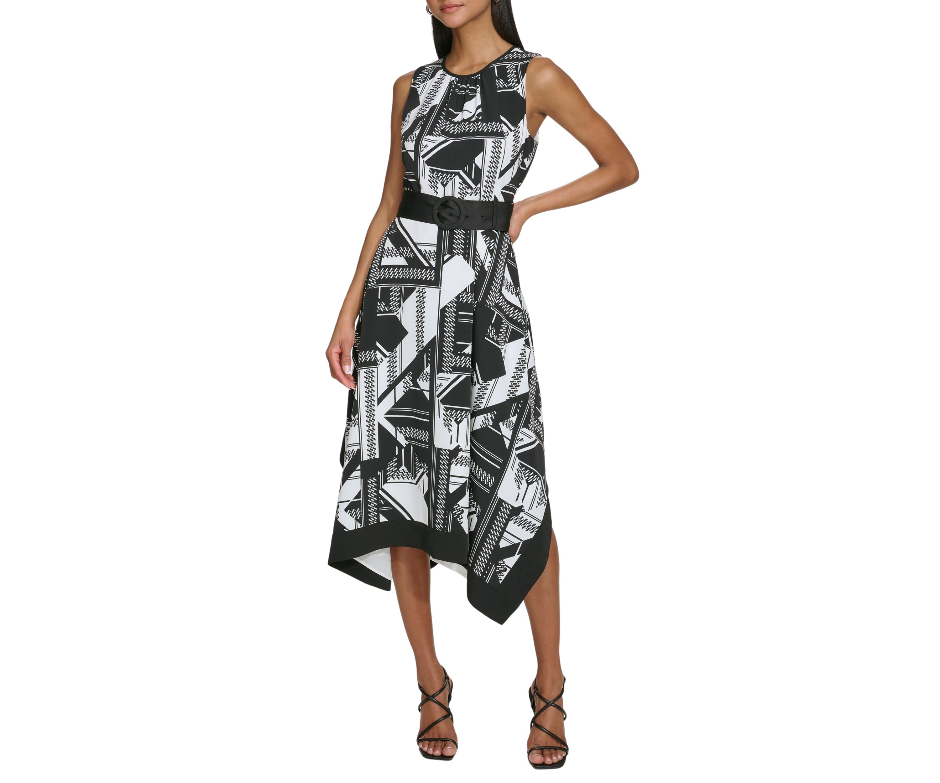 Womens Sleeveless Two Tone Printed Hanky Hem Dress