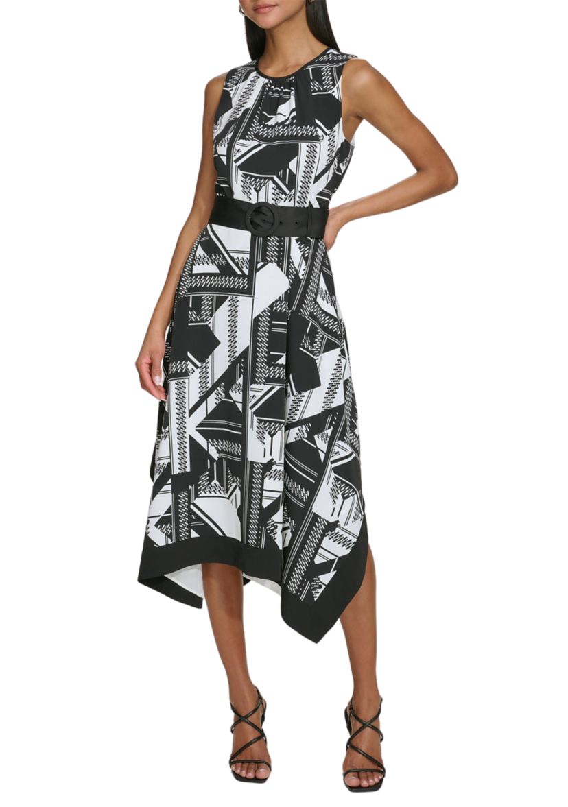 Womens Sleeveless Two Tone Printed Hanky Hem Dress