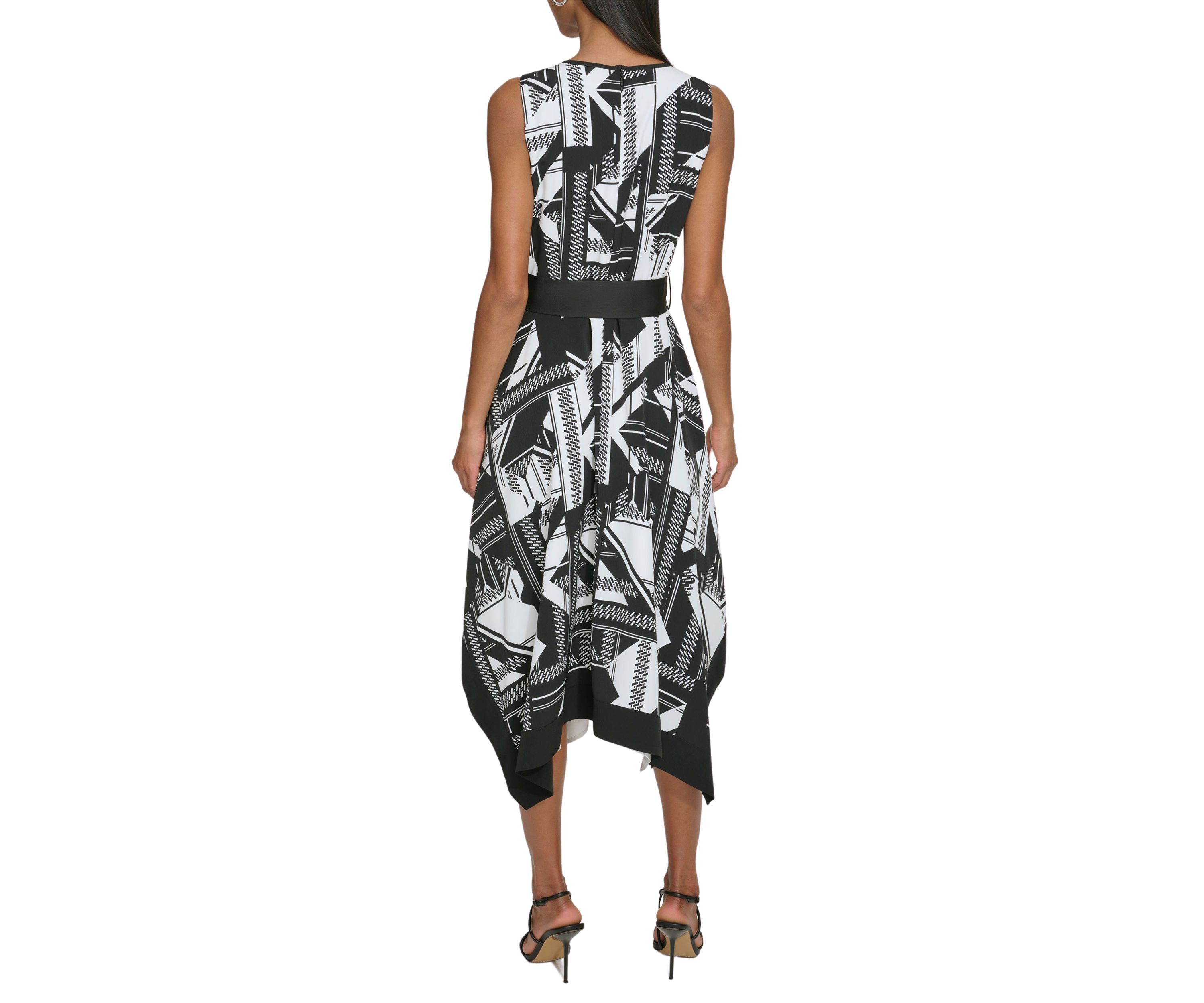 Womens Sleeveless Two Tone Printed Hanky Hem Dress