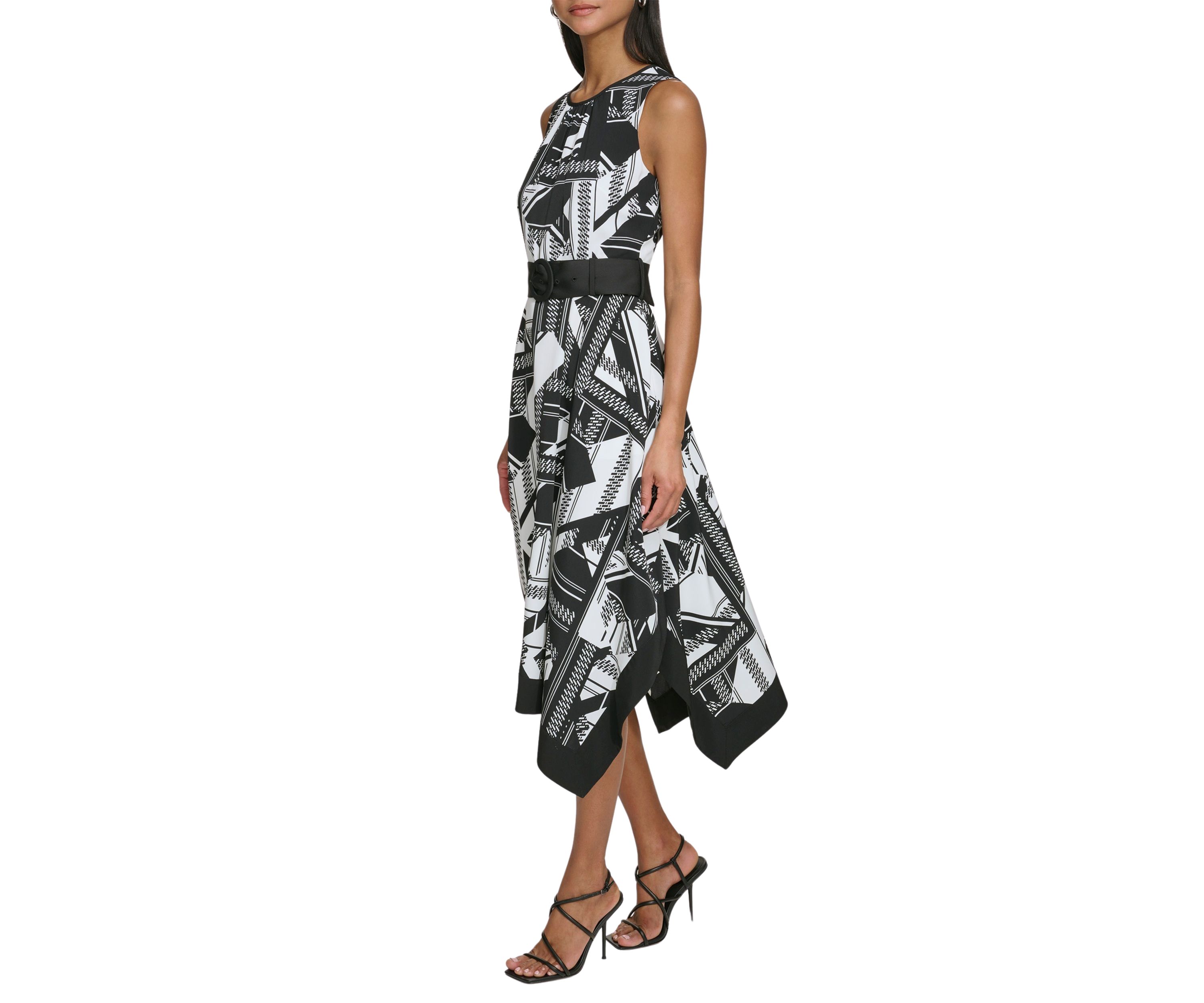 Womens Sleeveless Two Tone Printed Hanky Hem Dress
