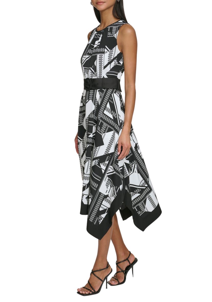 Womens Sleeveless Two Tone Printed Hanky Hem Dress