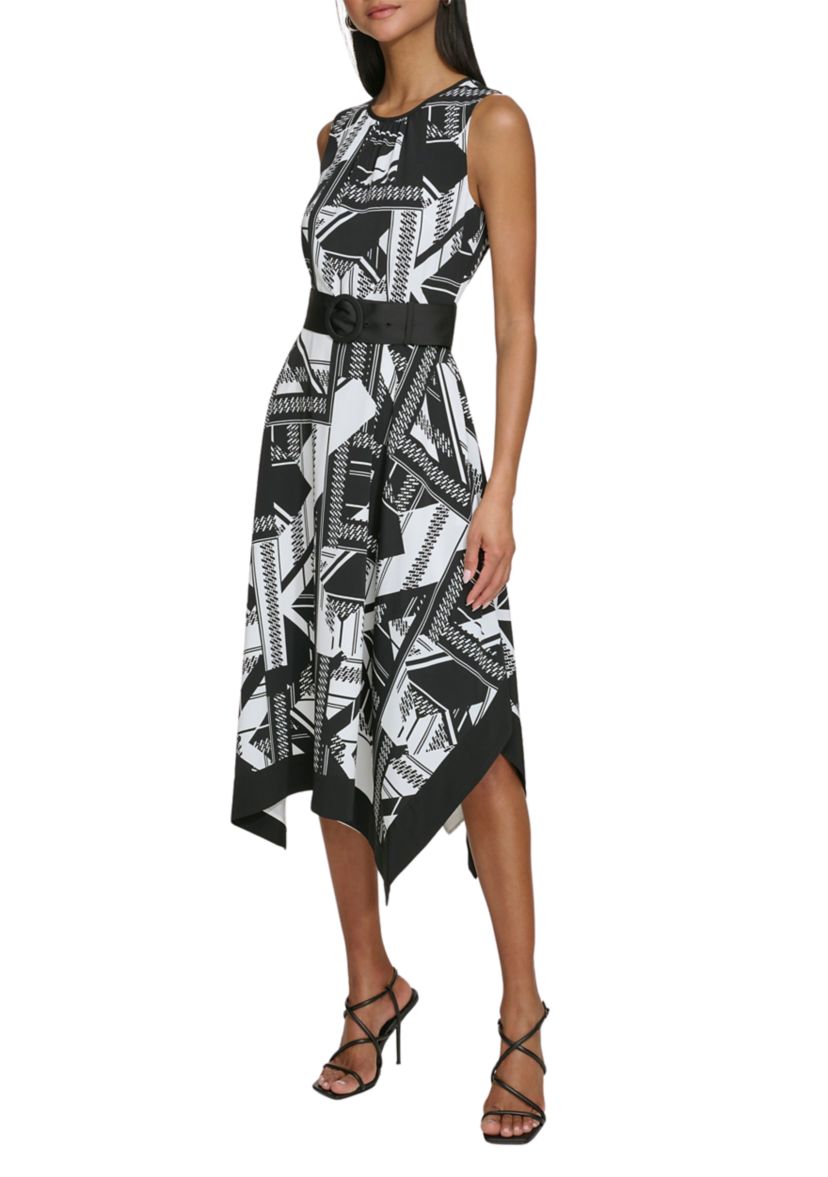 Womens Sleeveless Two Tone Printed Hanky Hem Dress