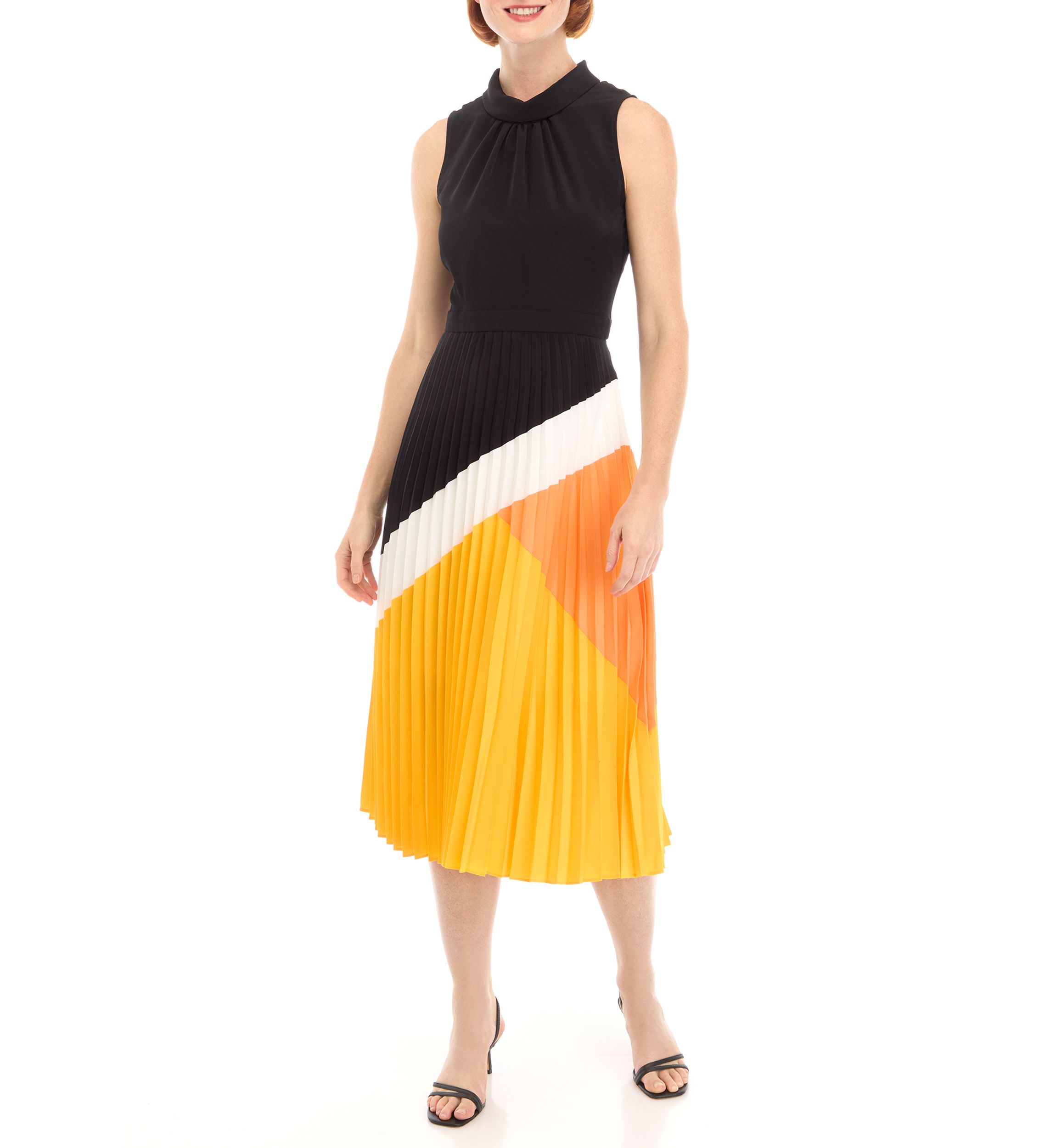 Womens Sleeveless Halter Neck Color Block Midi Dress