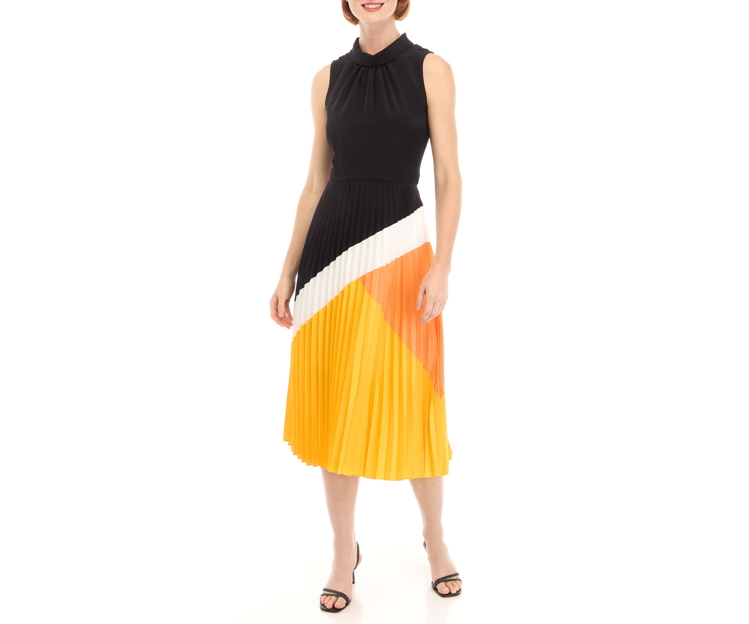 Womens Sleeveless Halter Neck Color Block Midi Dress