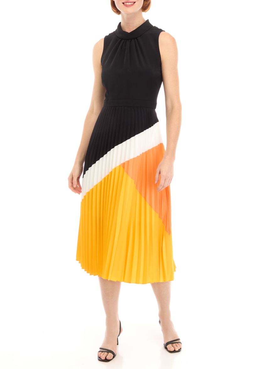 Womens Sleeveless Halter Neck Color Block Midi Dress