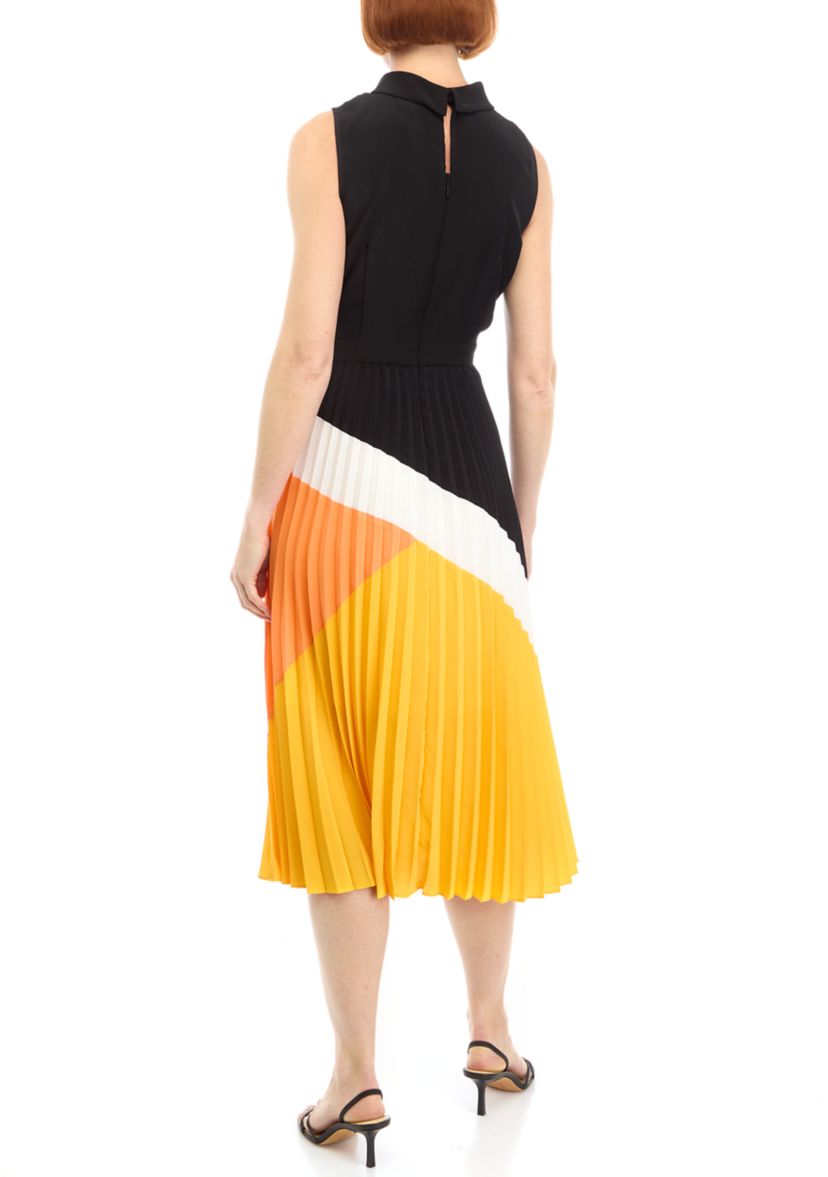 Womens Sleeveless Halter Neck Color Block Midi Dress