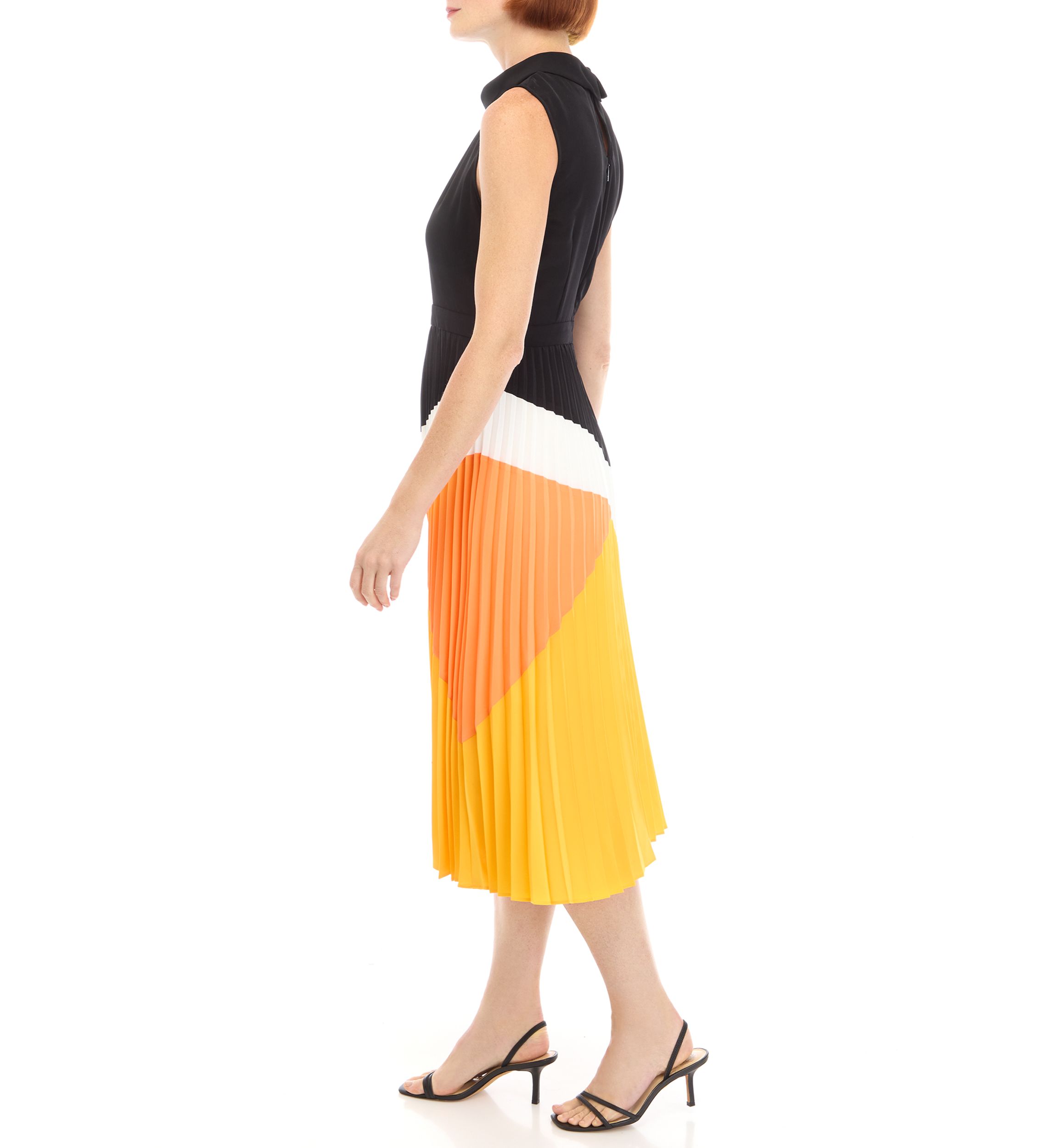 Womens Sleeveless Halter Neck Color Block Midi Dress