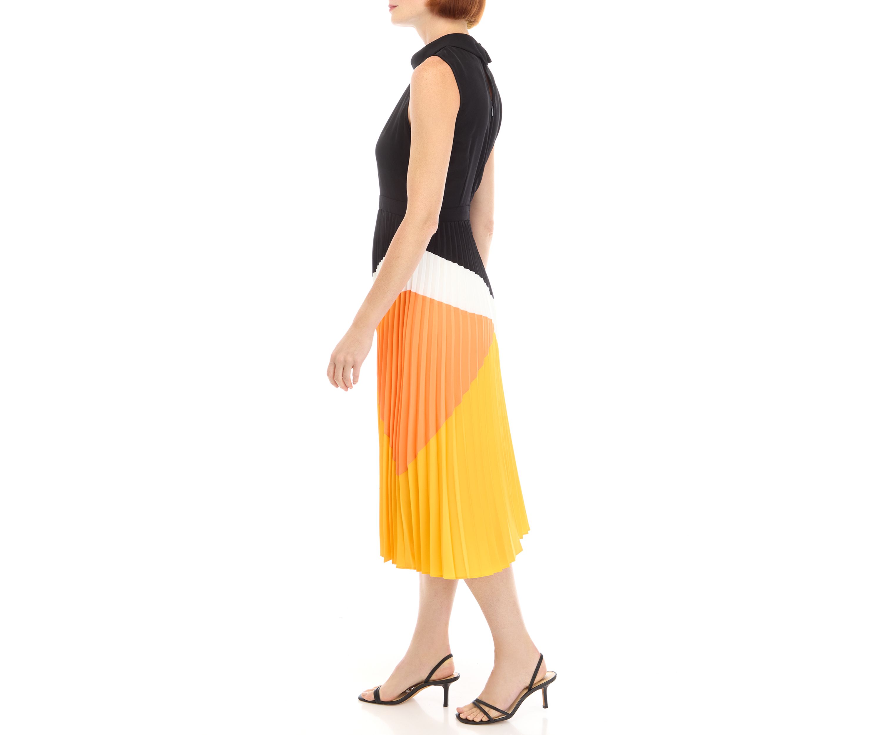 Womens Sleeveless Halter Neck Color Block Midi Dress