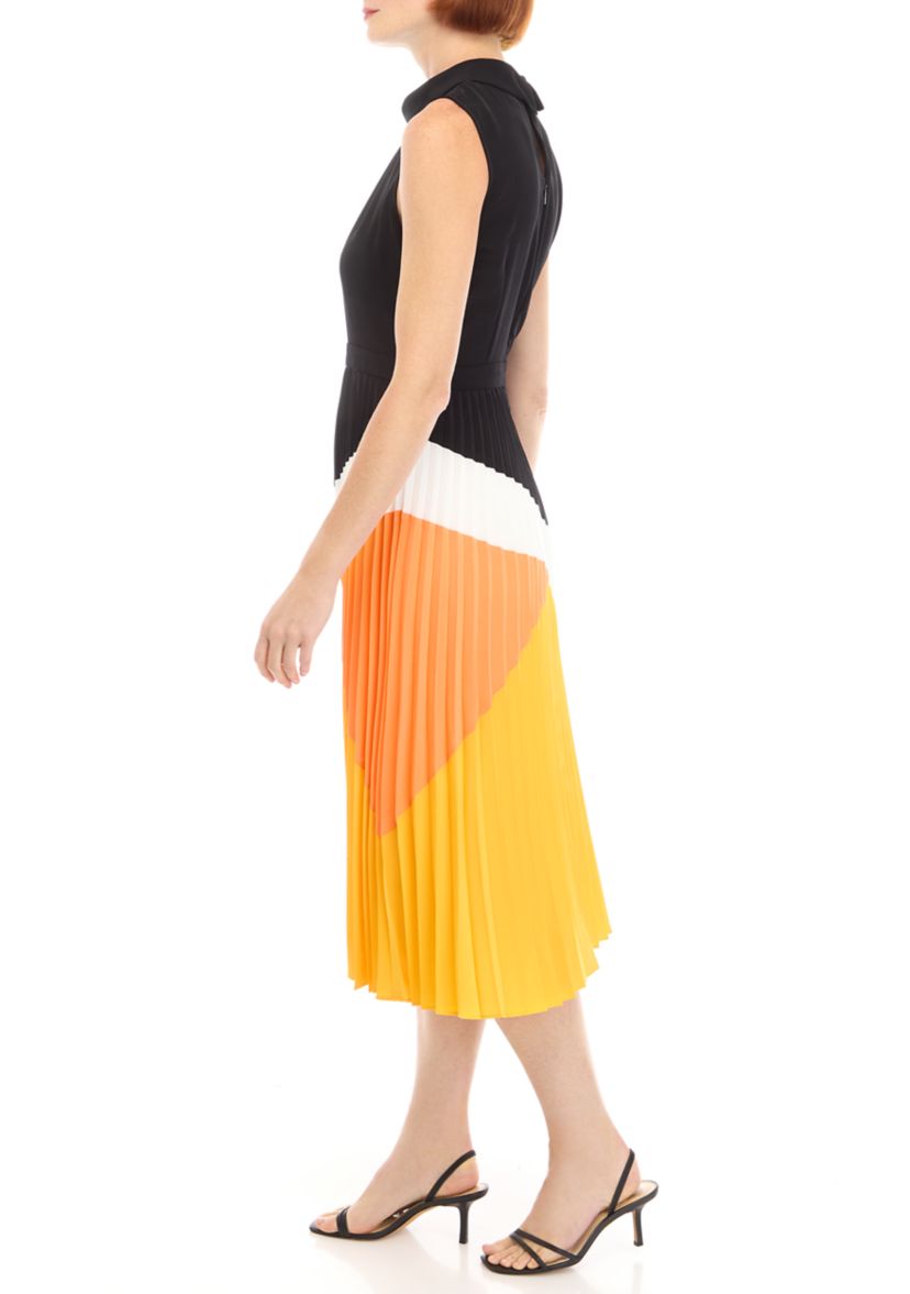 Womens Sleeveless Halter Neck Color Block Midi Dress