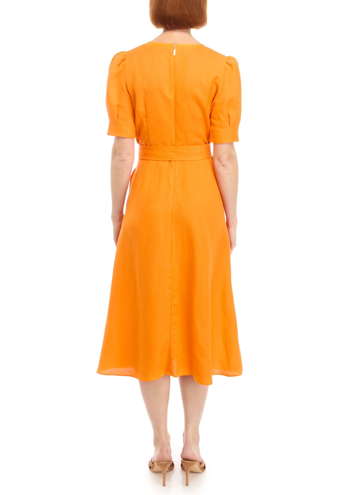 Womens Puff Sleeve V-Neck Cotton Fit and Flare Dress
