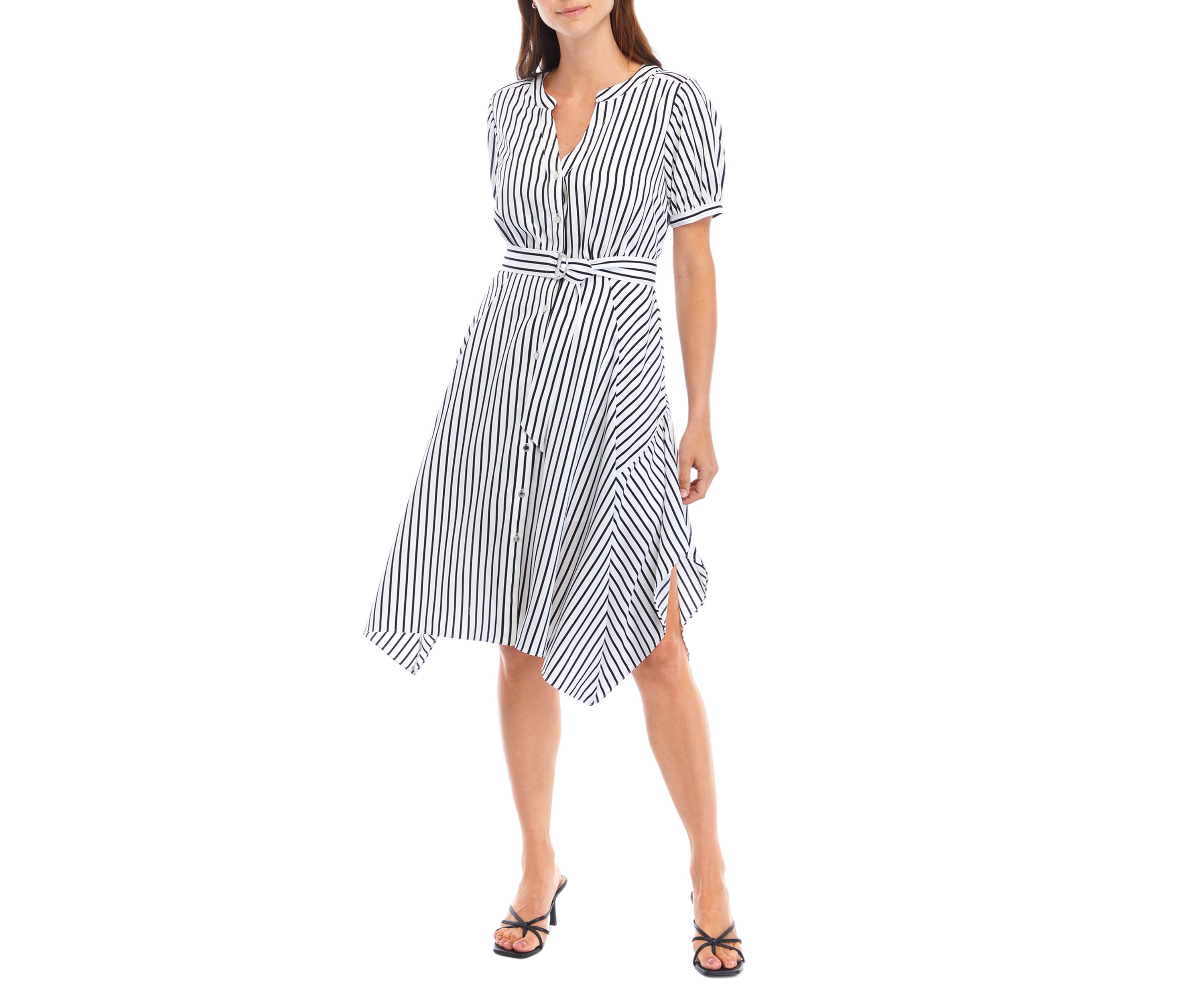 Womens V-Neck Striped Cotton Fit and Flare Dress