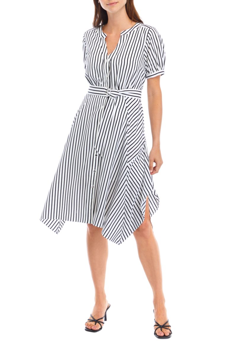 Womens V-Neck Striped Cotton Fit and Flare Dress
