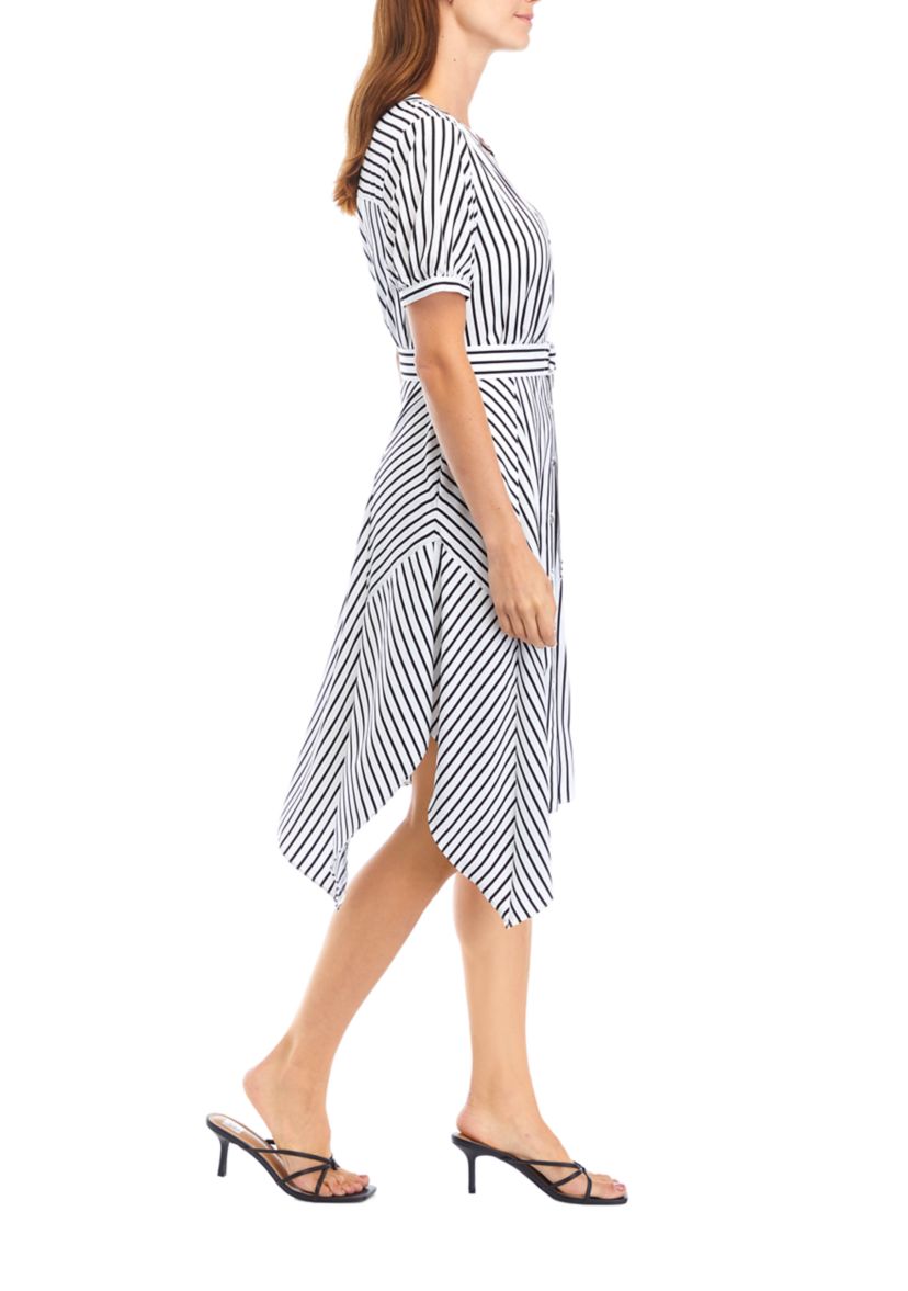 Womens V-Neck Striped Cotton Fit and Flare Dress