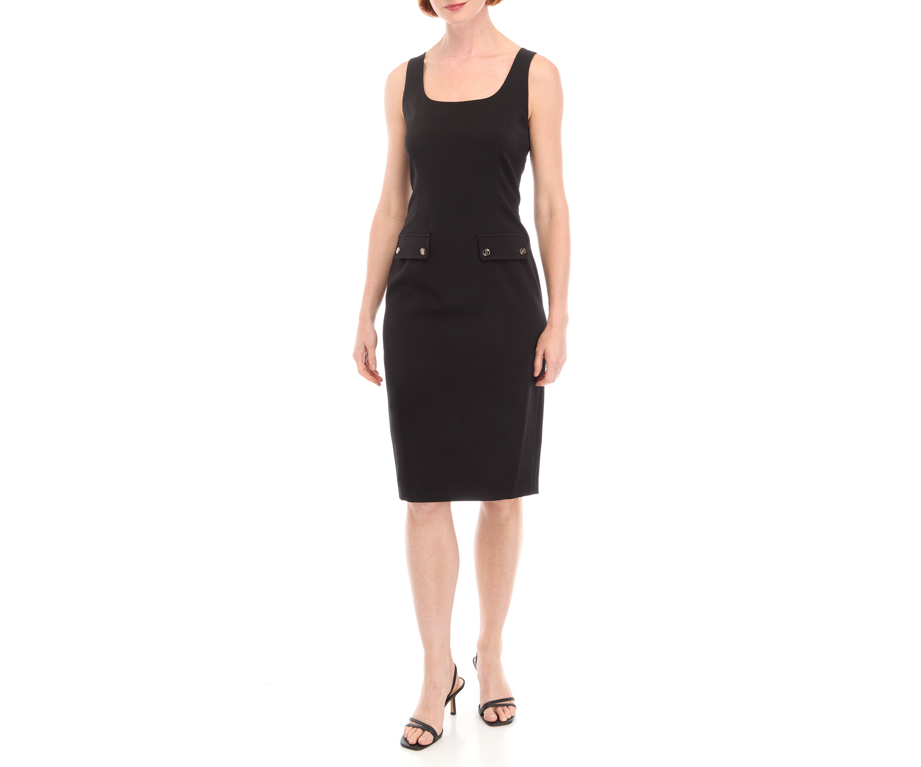 Womens Sleeveless Square Neck Solid Scuba Sheath Dress