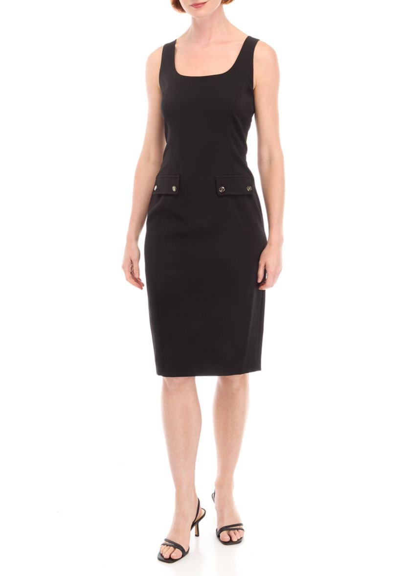Womens Sleeveless Square Neck Solid Scuba Sheath Dress