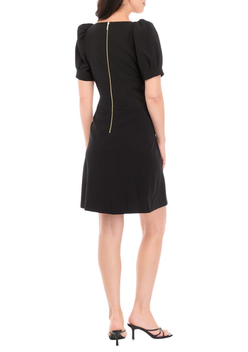 Womens Puff Sleeve Square Neck Scuba A-Line Dress