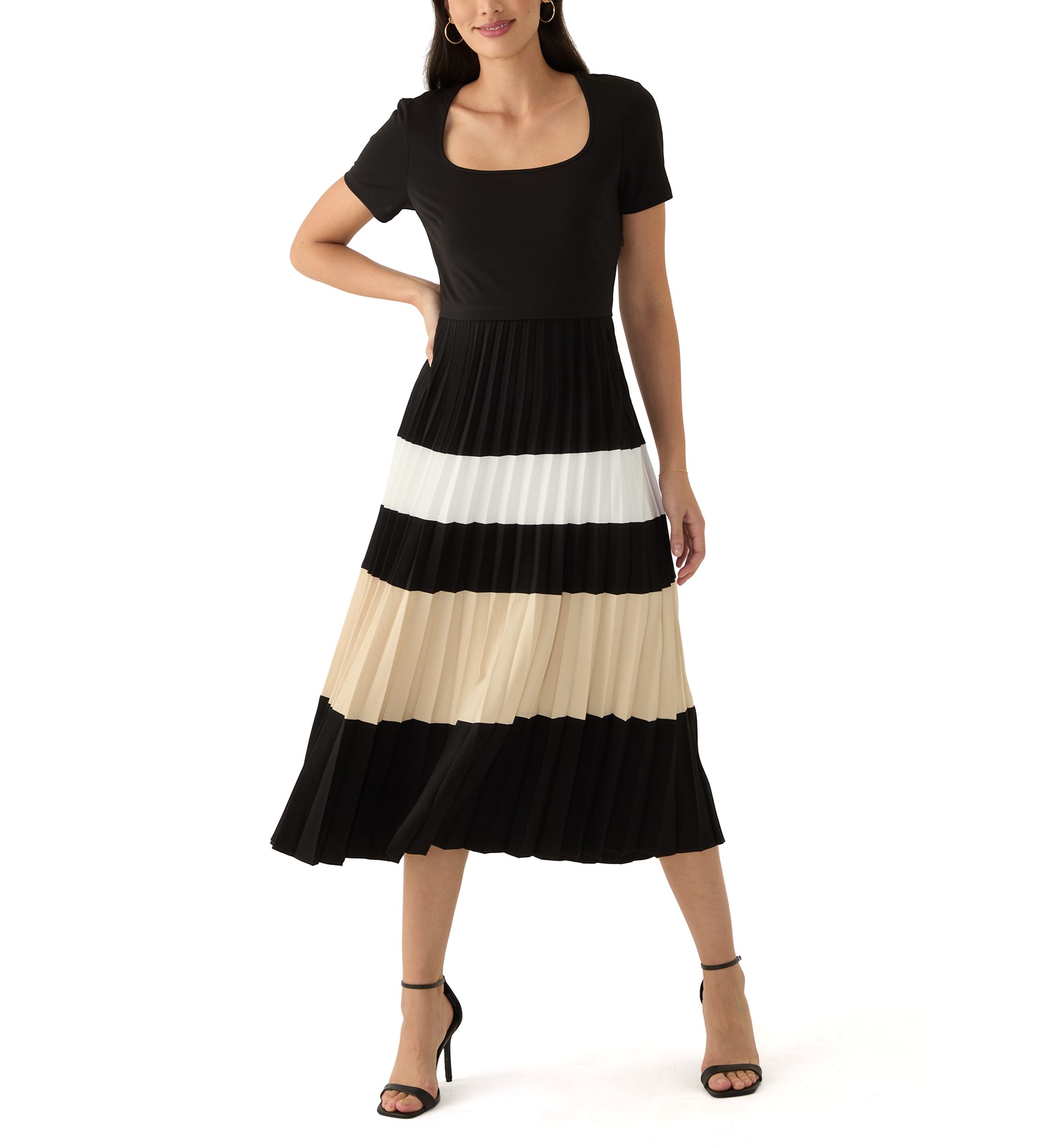 Womens Short Sleeve Square Neck Stripe Fit and Flare Dress