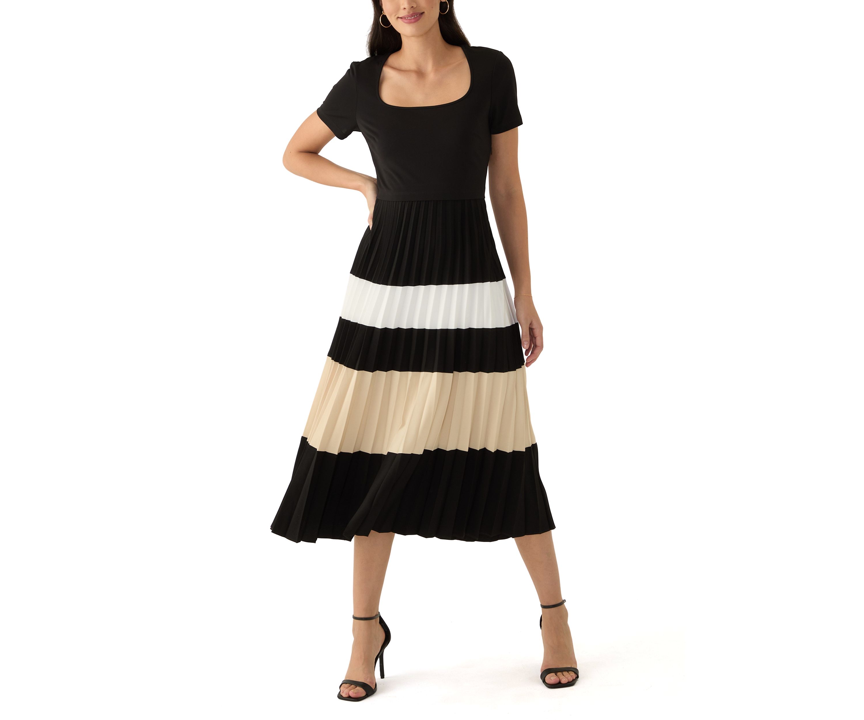 Womens Short Sleeve Square Neck Stripe Fit and Flare Dress