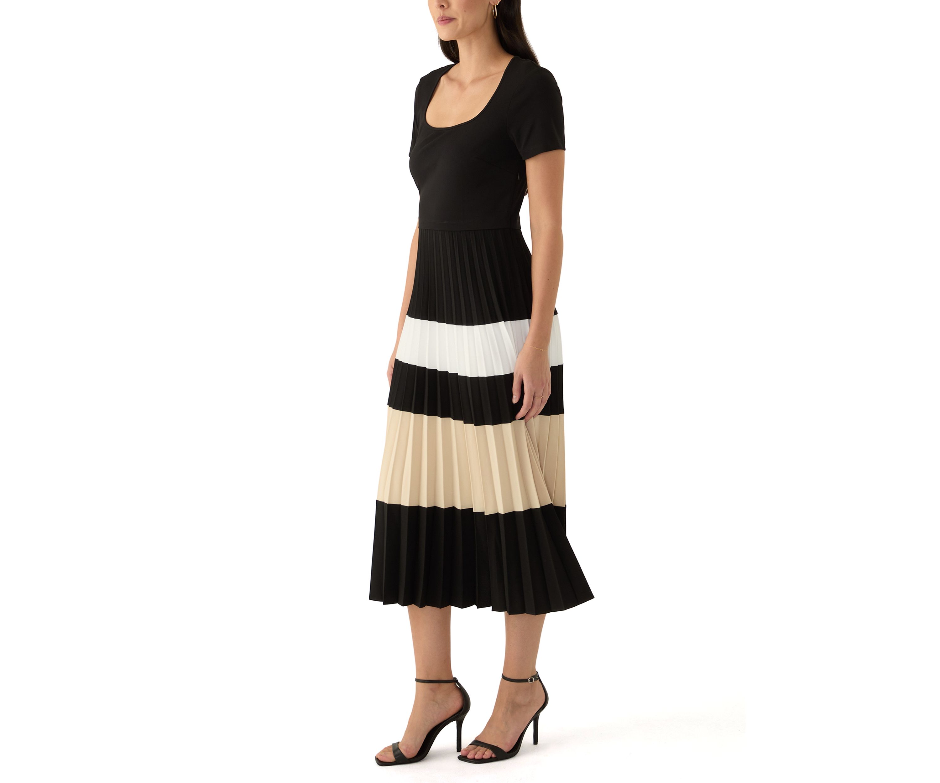 Womens Short Sleeve Square Neck Stripe Fit and Flare Dress
