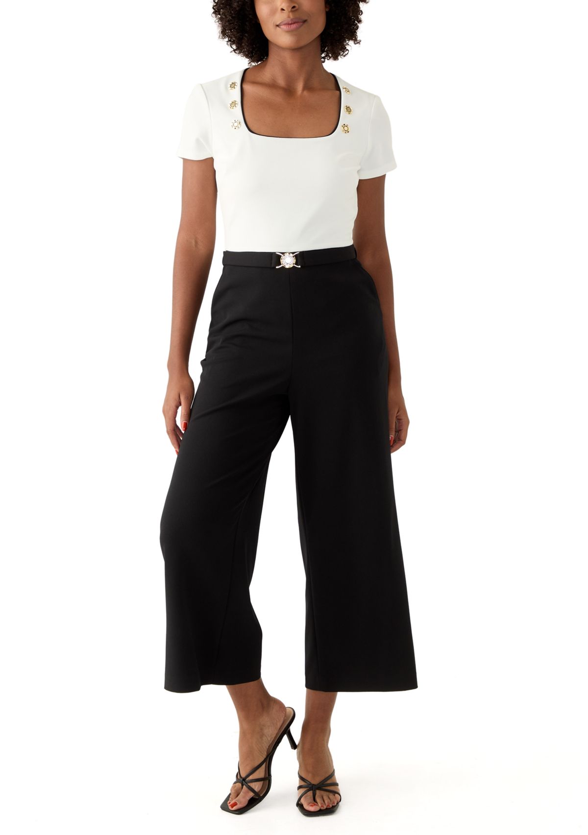 Womens Short Sleeve Square Neck Two Tone Belted Jumpsuit