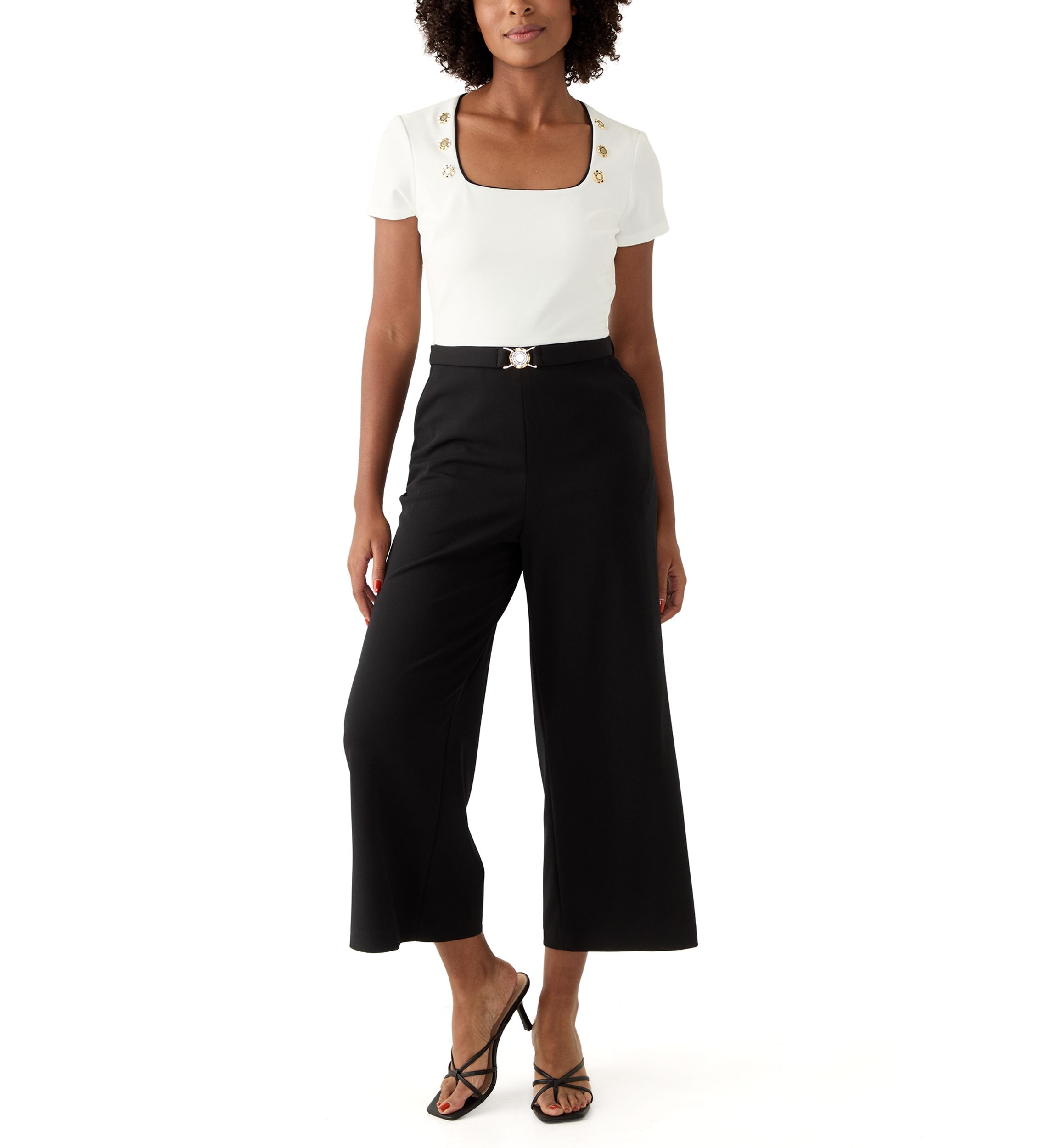 Womens Short Sleeve Square Neck Two Tone Belted Jumpsuit