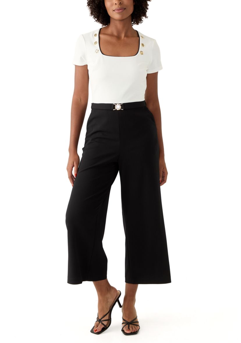 Womens Short Sleeve Square Neck Two Tone Belted Jumpsuit