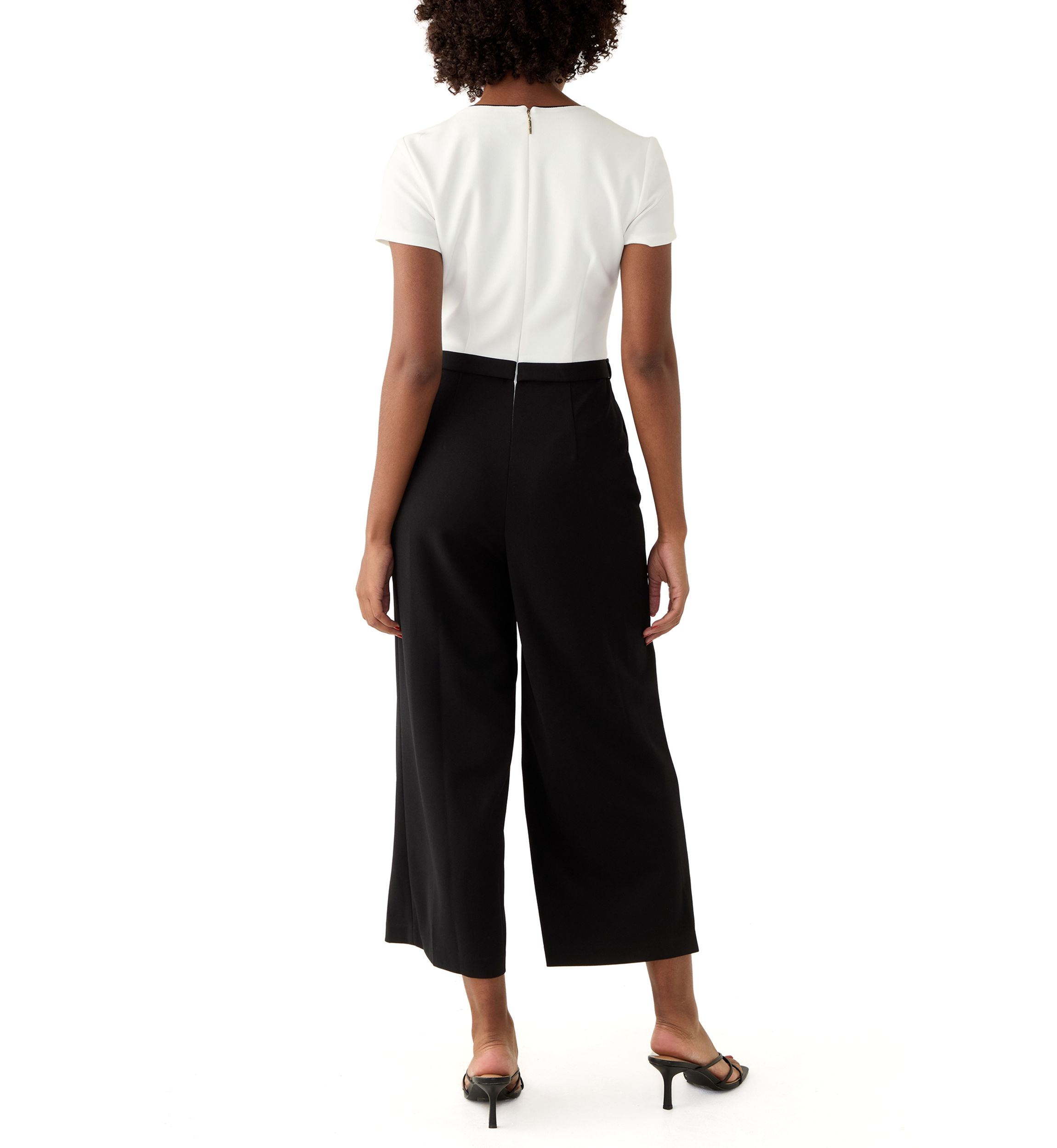 Womens Short Sleeve Square Neck Two Tone Belted Jumpsuit