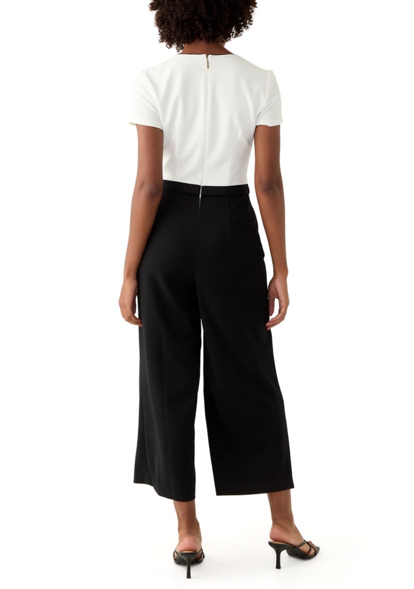 Womens Short Sleeve Square Neck Two Tone Belted Jumpsuit
