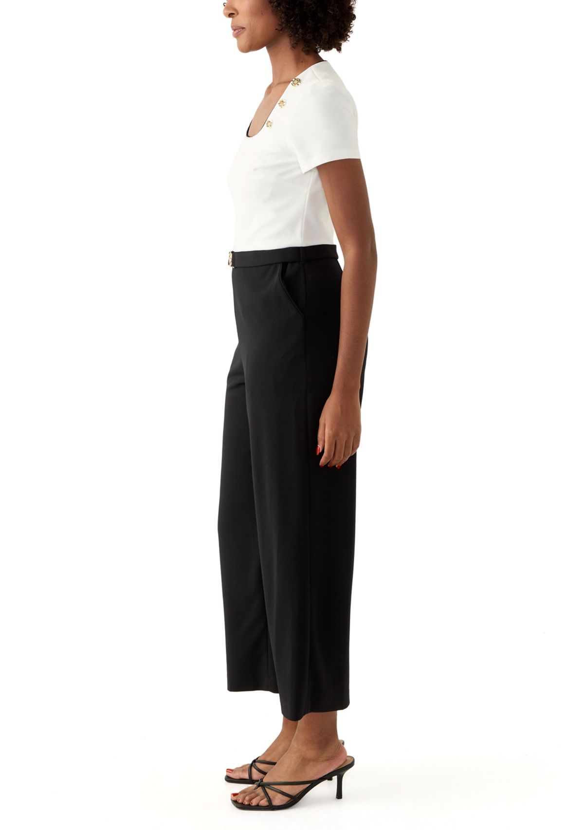 Womens Short Sleeve Square Neck Two Tone Belted Jumpsuit