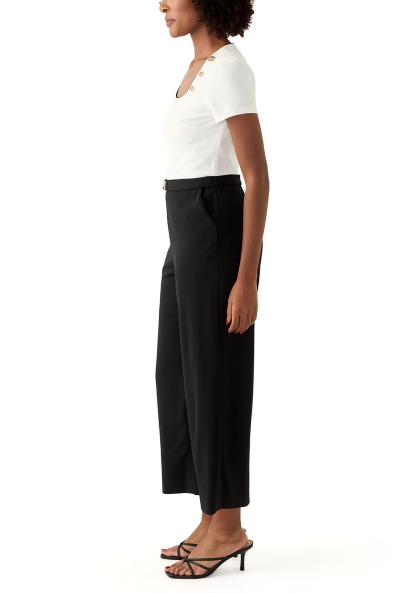 Womens Short Sleeve Square Neck Two Tone Belted Jumpsuit