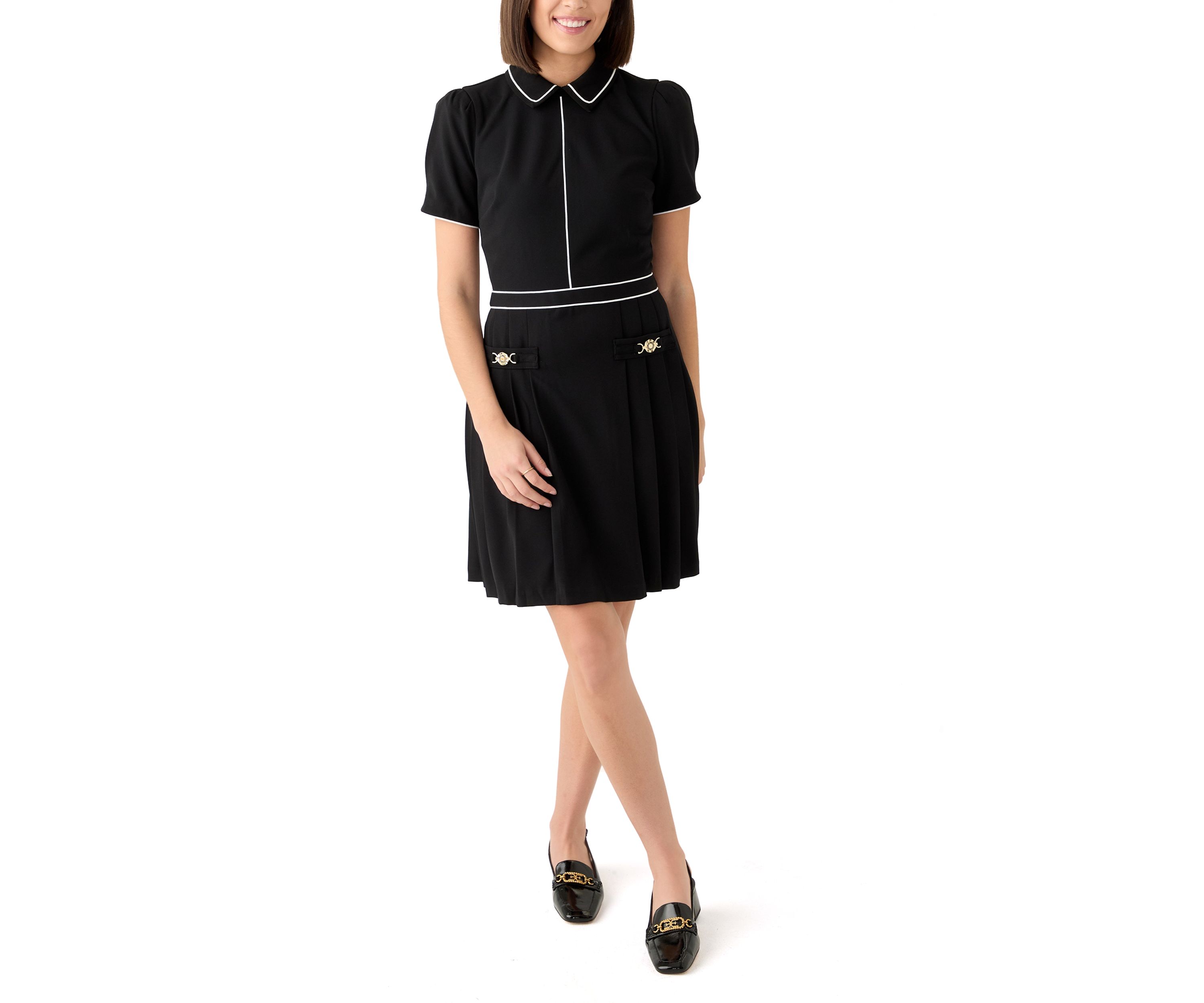 Womens Short Sleeve Collar Two Tone Fit and Flare Dress