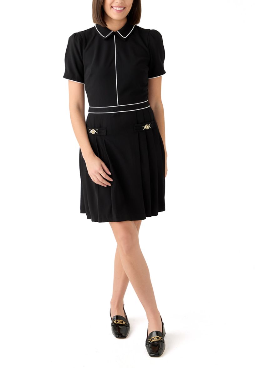 Womens Short Sleeve Collar Two Tone Fit and Flare Dress