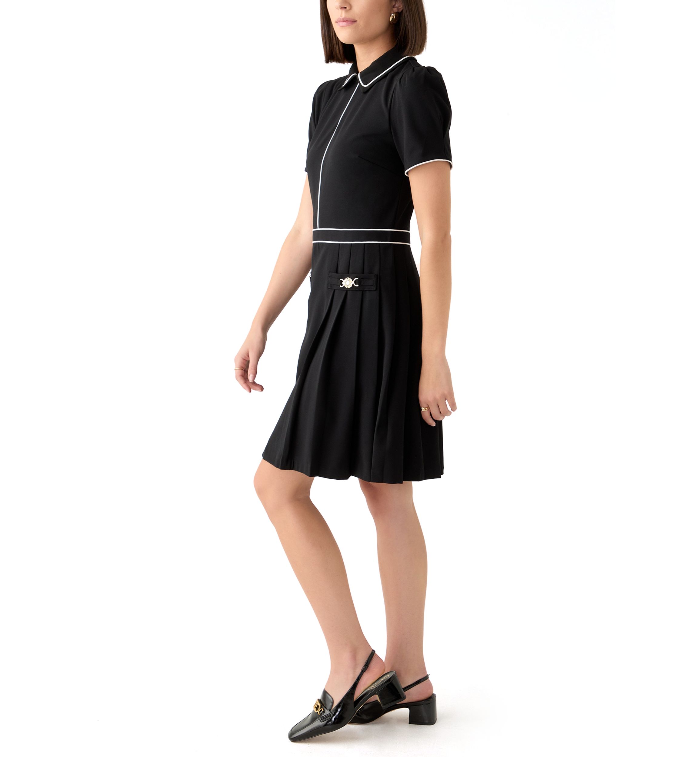 Womens Short Sleeve Collar Two Tone Fit and Flare Dress