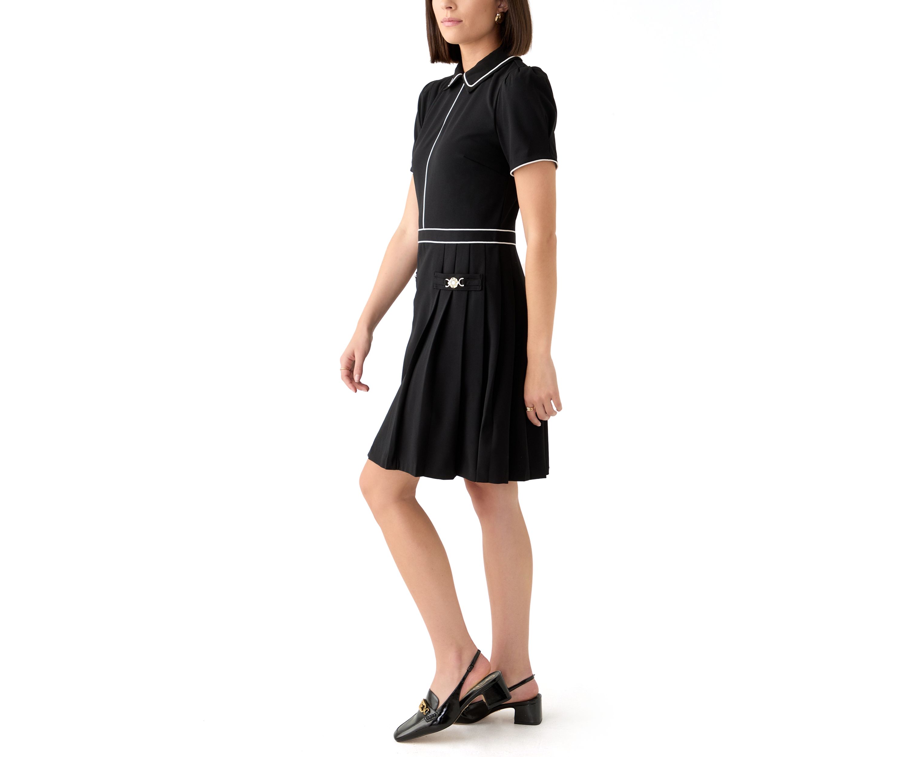 Womens Short Sleeve Collar Two Tone Fit and Flare Dress